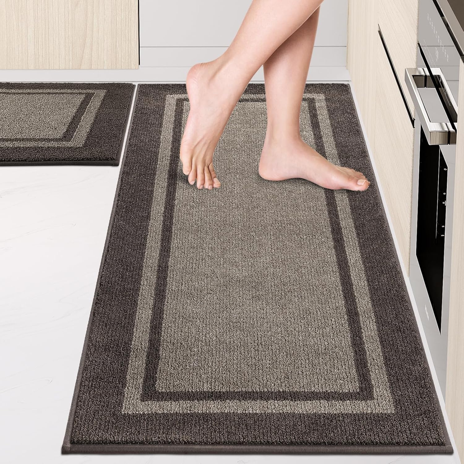 Kitchen Rugs Set (24" x 36"+24" x 60"), Non-Slip Machine Washable Kitchen Runner Rugs Floor Mats, Absorbent Comfort Standing Mat for Kitchen, Sink and Hallway, Rolled Packaging, Grayish Brown & Coffee Grayish Brown & Coffee 24" x 36"+ 24" x 60"