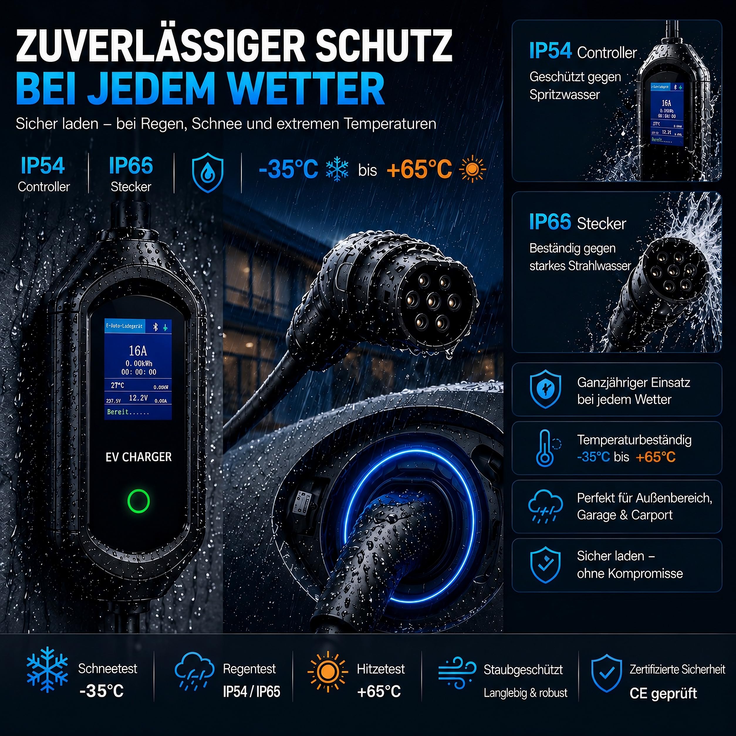 Mobile Wallbox 11kW mit App-Steuerung, Mobile Ladestation [7m | 3-phasig | 6–16A] mit Einstellbarer Ladeleistung, IP65 Wasserdicht, Ladekabel CEE 16A auf Typ 2 für BEV & PHEV