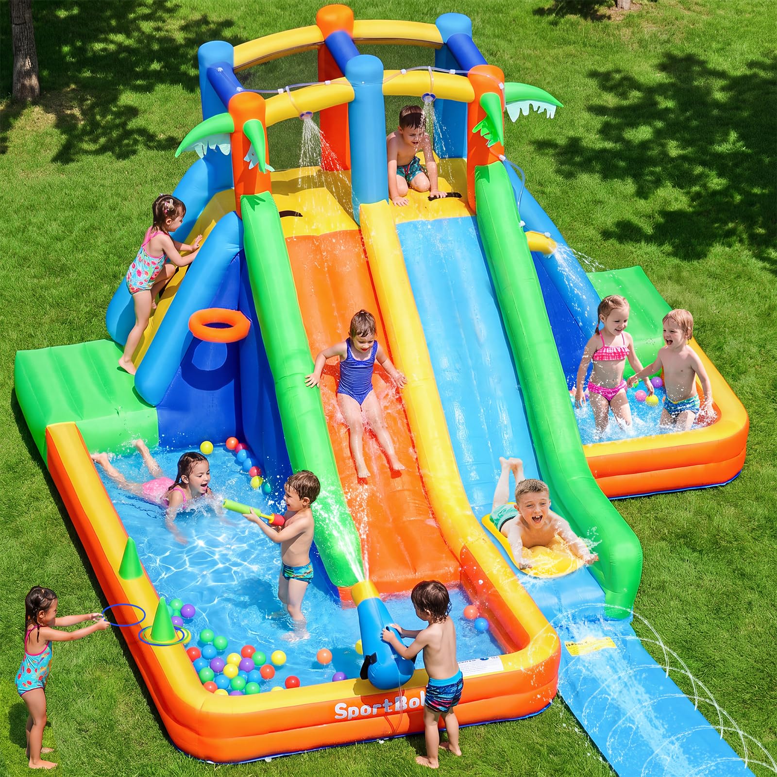 Gonfiabile per Bambini da Esterno, Castello Gonfiabile con Scivolo Gonfiabile Lungo e Schizzi, Parco Acquatico Gonfiabile 2 Vasche d'Acqua, Canestro Basket, Cannone Acqua, Giardino e Feste