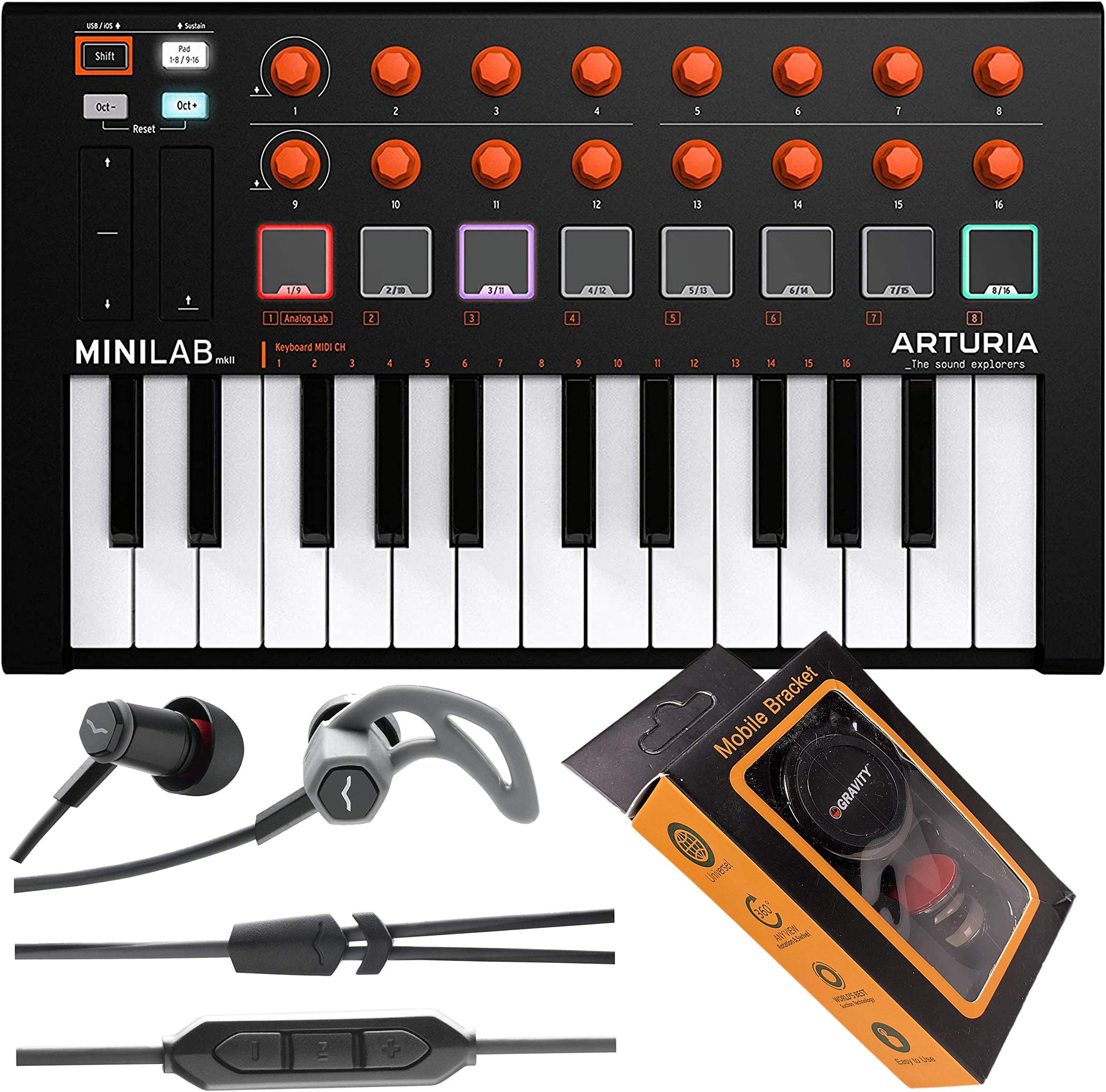 Arturia MiniLab MKII Mini Hybrid Keyboard Controller Orange Edition 25-Note USB Mini Keyboard Controller with 16 Encoders with V-Moda Forza in-Ear Headphones and Gravity Magnet Phone Holder Bundle
