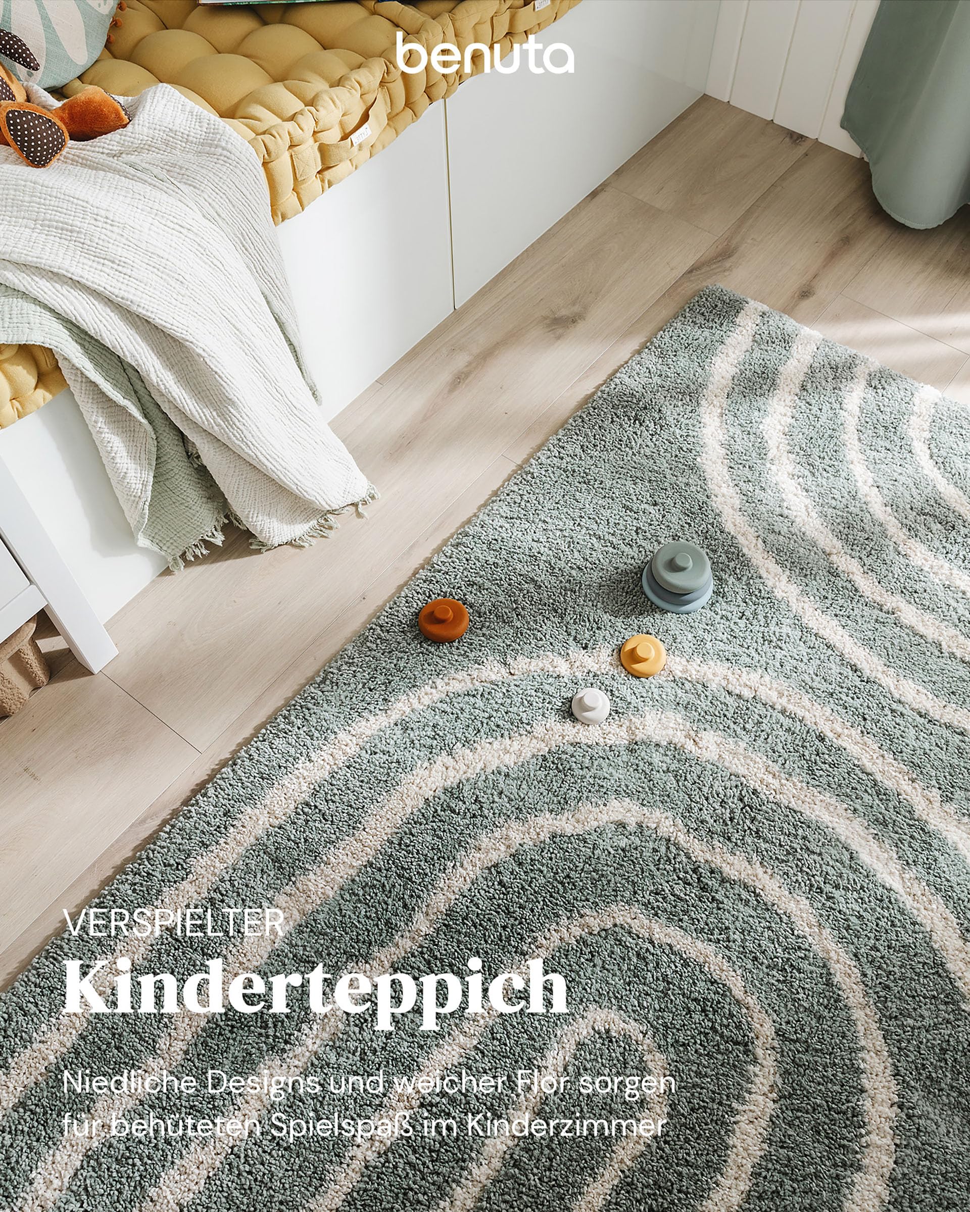 benuta Lytte Kinderteppich Gobi - Blau 80x150 cm - Kunstfaser - Rechteckig & im Style: Streifen, Scandi Living - Pflegeleicht für Kinderzimmer, Wohnzimmer, Schlafzimmer