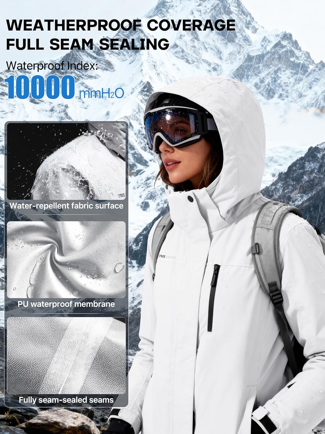 FREE SOLDIER Women's Waterproof Ski Snow Jacket Fleece Lined Warm Winter Rain Jacket with Hood Fully Taped Seams - Image 4