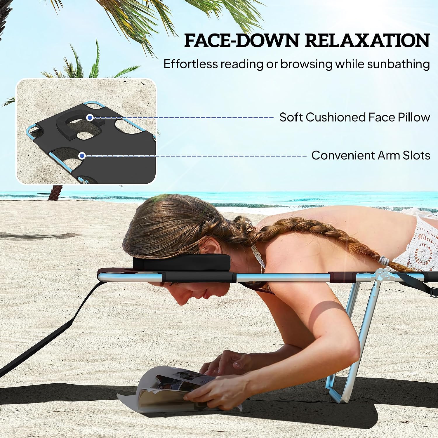 Outsunny Chaise Lounge Chair Outdoor with Face Arm Hole, 5-Position Reclining Face Down Tanning Chair with Carry Strap, Side Pocket, Portable Folding Bed Cot for Patio Beach Pool, Black