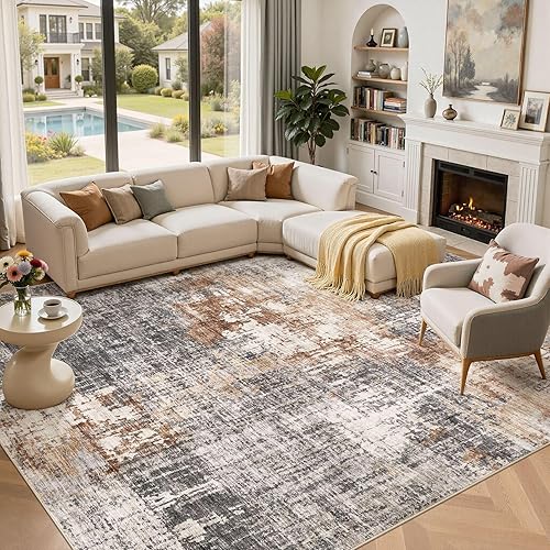 Area Rug Living Room Rugs - 10x14 Washable Large Soft Indoor Neutral Modern Abstract Low Pile Rug Carpet for Bedroom Dining Room Farmhouse Home Office - Grey Brown