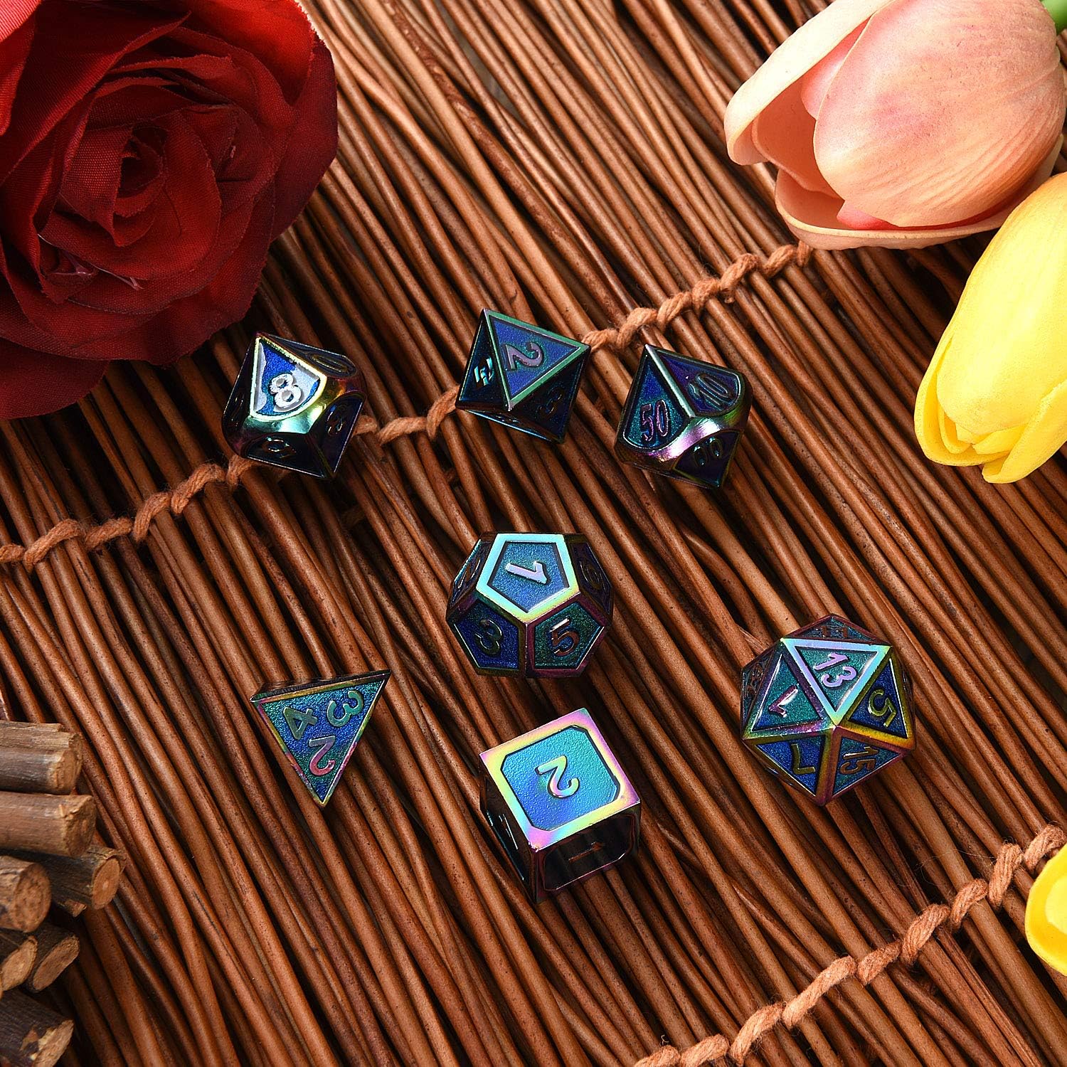 HESTYA 7 Pieces Metal Dices Set Game Polyhedral Solid Metal Dice Set with Storage Bag and Zinc Alloy with Enamel for Role Playing Game, Math Teaching (Rainbow Edge Cerulean 2)