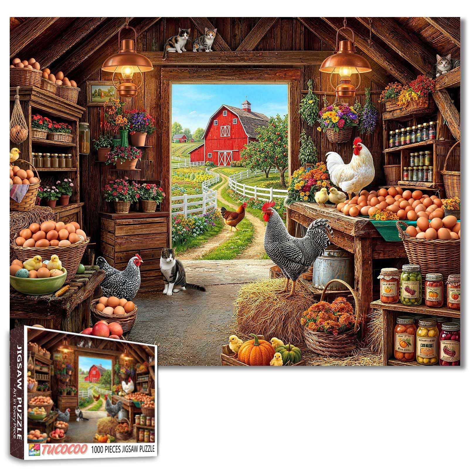 Country Farm Animals Jigsaw Puzzles for Adults 1000 Pieces Rustic Barn Chickens Cats Cottagecore DIY Puzzles for Family Activity Games Home Wall Decor Craft Gifts 19.7 x 27.6 Inch