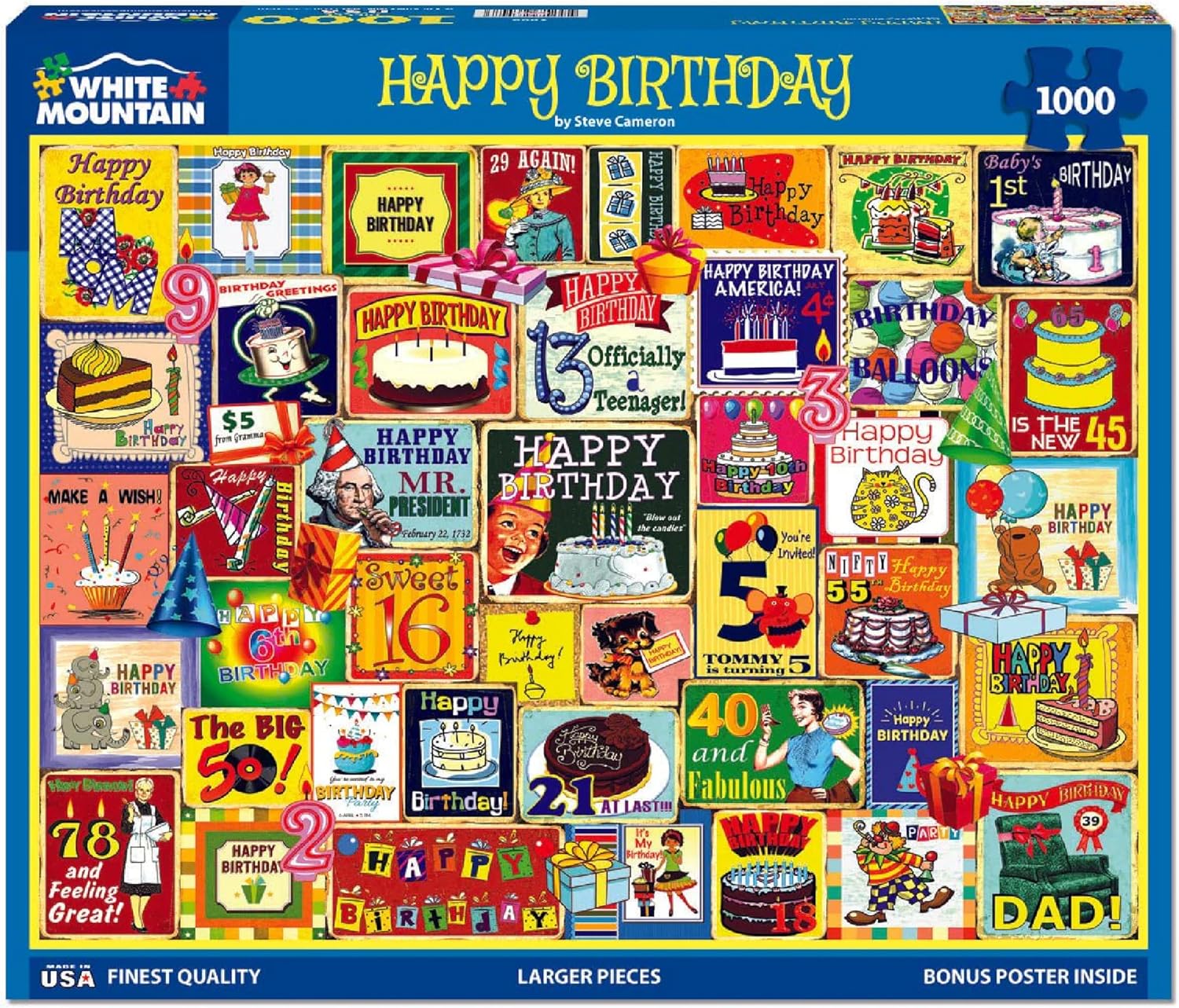 White Mountain 1000 Piece Jigsaw Puzzle Fun Birthday Celebrations Collage with Large Pieces Gift for Adults and Family 24"x30" - Happy Birthday