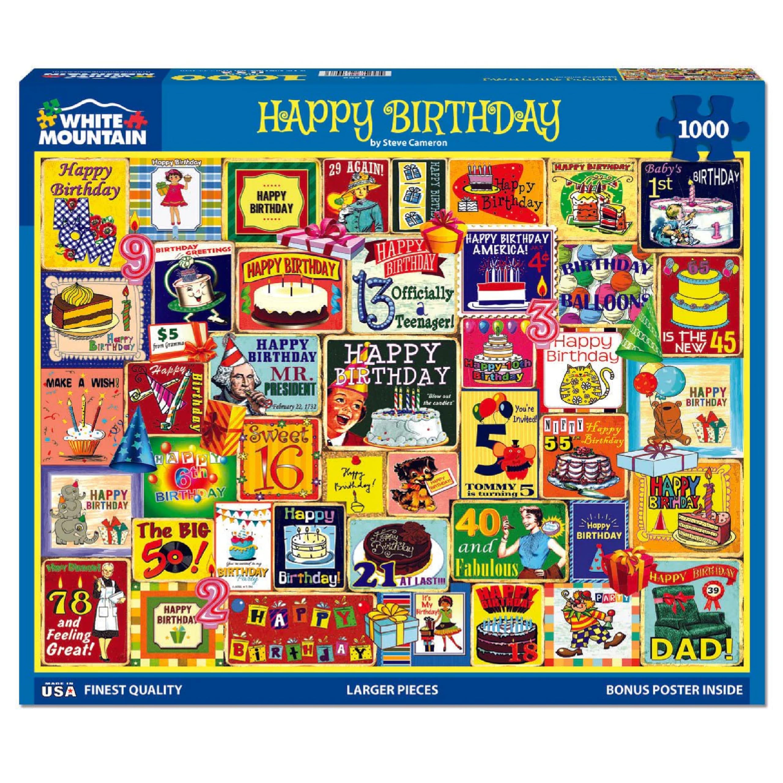 White Mountain 1000 Piece Jigsaw Puzzle Fun Birthday Celebrations Collage with Large Pieces Gift for Adults and Family 24"x30" - Happy Birthday