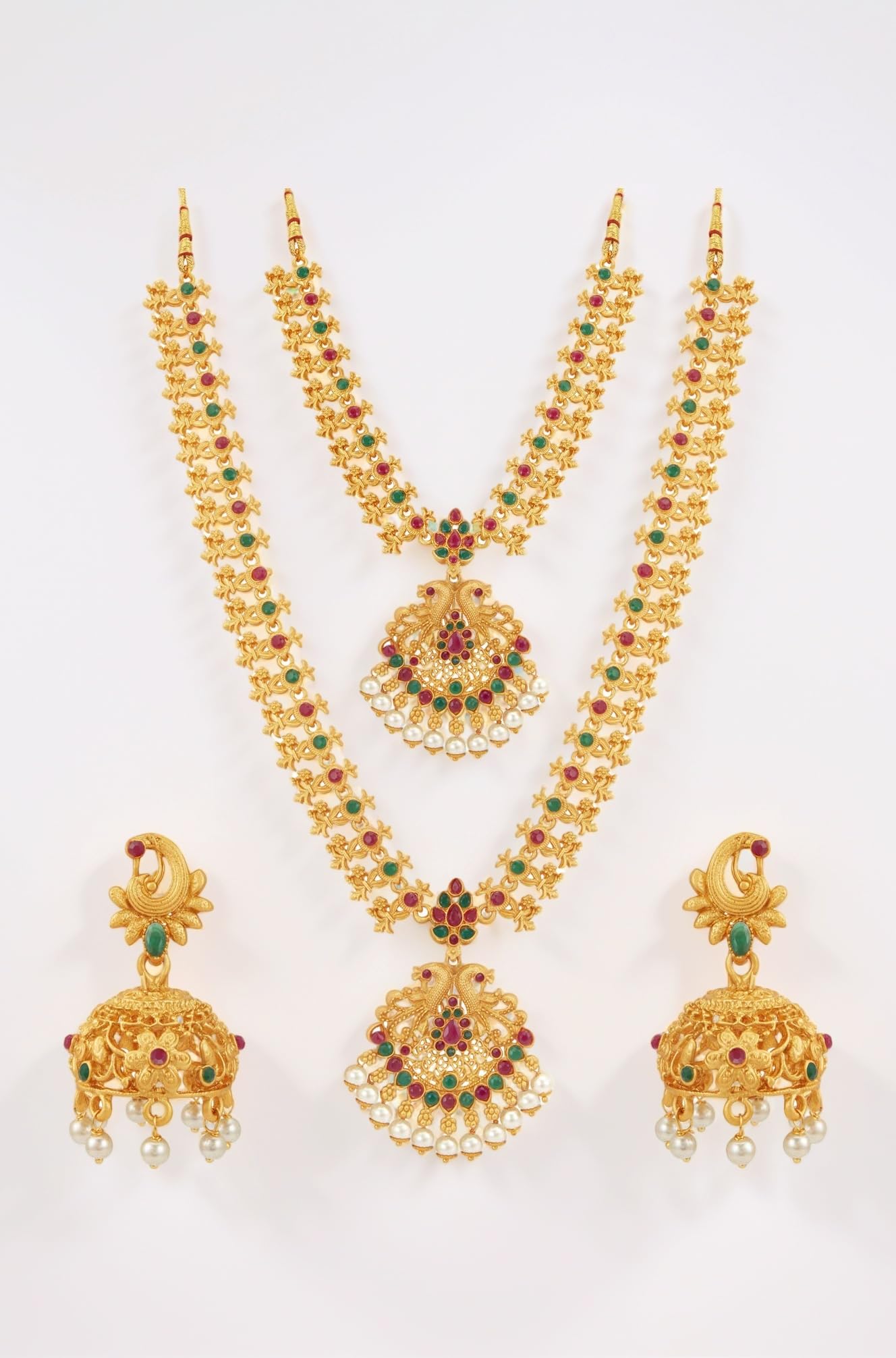 Ethnic Pearl Gold Plated Floral Peacock Long Haram Necklace Set for Women, maroon, free size (SKR70418_March21)