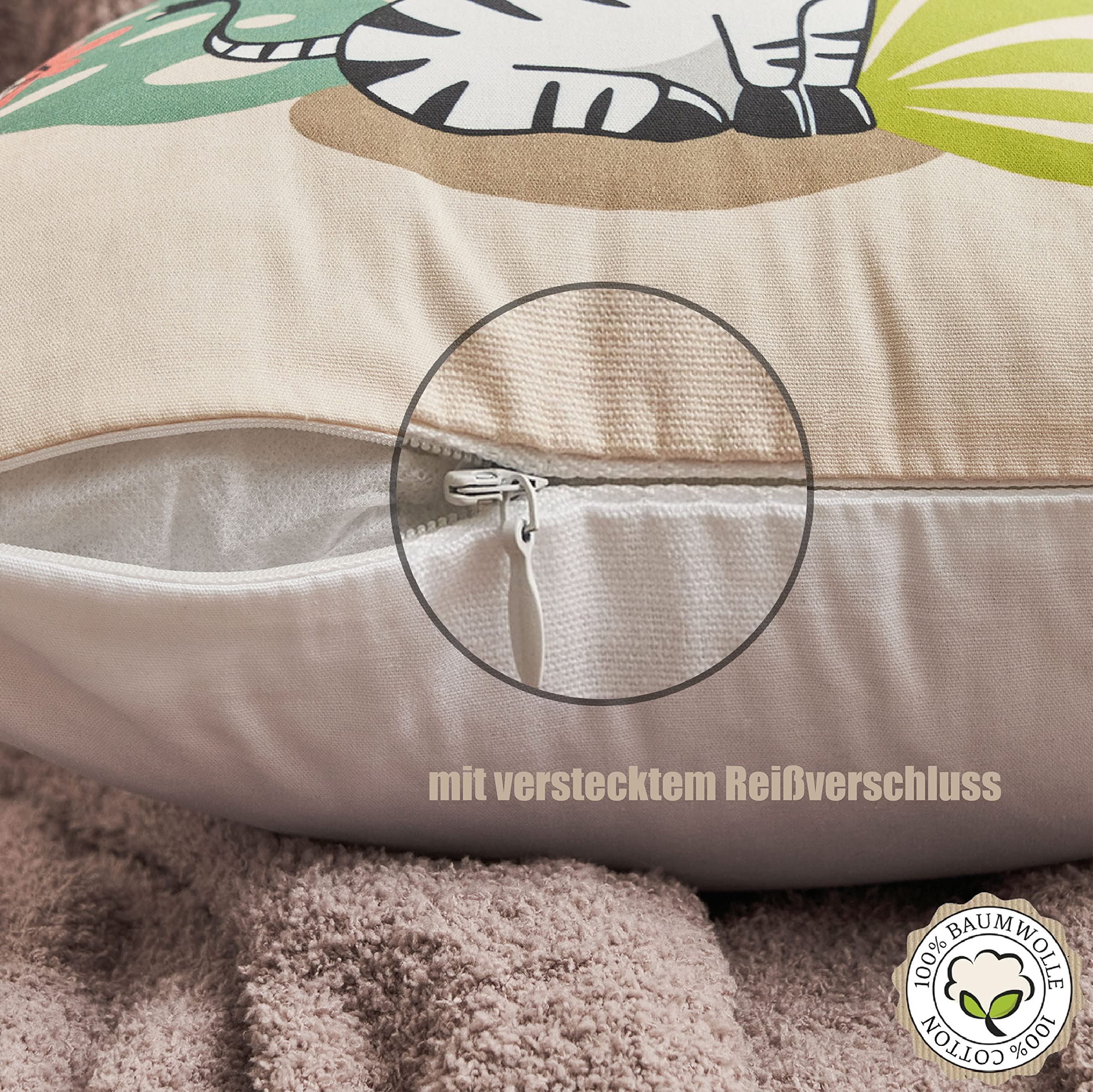 100% Hochwertige Baumwolle: Kinder Kissenbezüge 40x40 (4er Set) | Bezaubernde Tiermotive: Nashorn Leopard Panda Koala | Deutsche Qualität | Stilvolle Kinderzimmer Dekoration