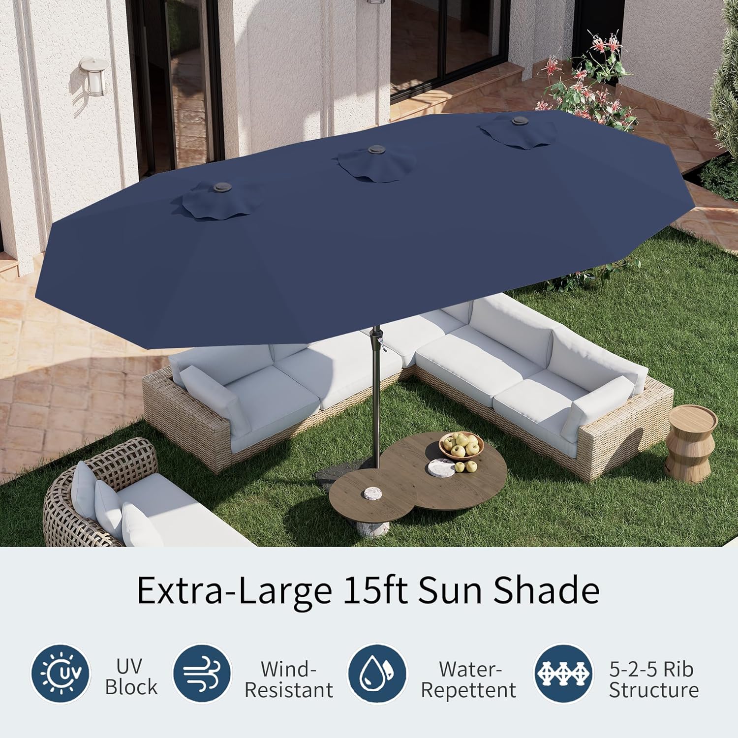 PatioKingdom 15FT Large Patio Umbrella with Base, Double Sided Rectangular Outdoor Umbrella with Sturdy Fiberglass Ribs, Market Umbrella for Pool,Garden,Backyard,Deck - Image 4