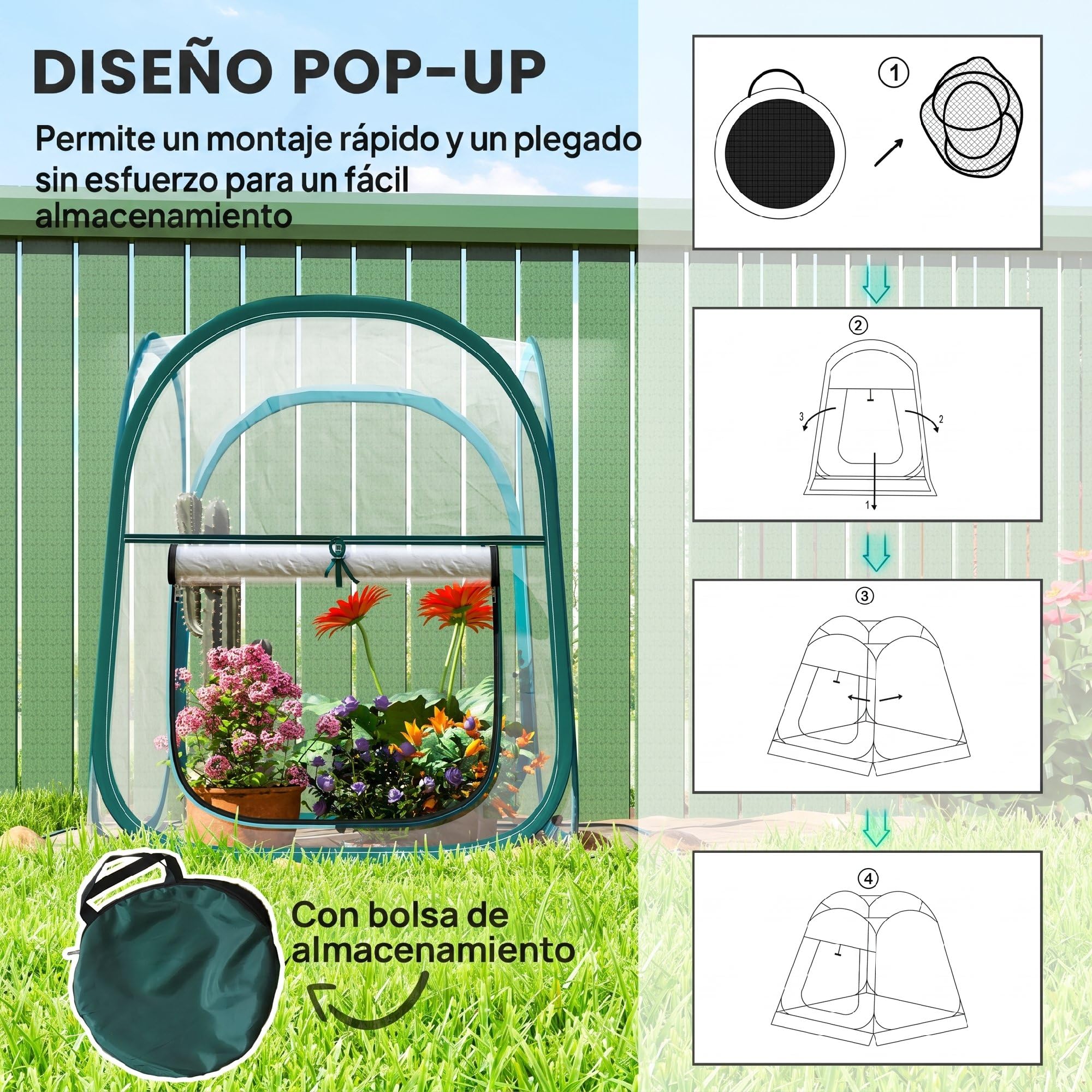 Outsunny Mini Invernadero Plegable Pop-up, Invernadero Exterior Transparente con Puerta Enrollable y Cubierta de Plástico, Contraviento, para Cultivar Plantas, Flores, 70x70x80 cm, Transparente