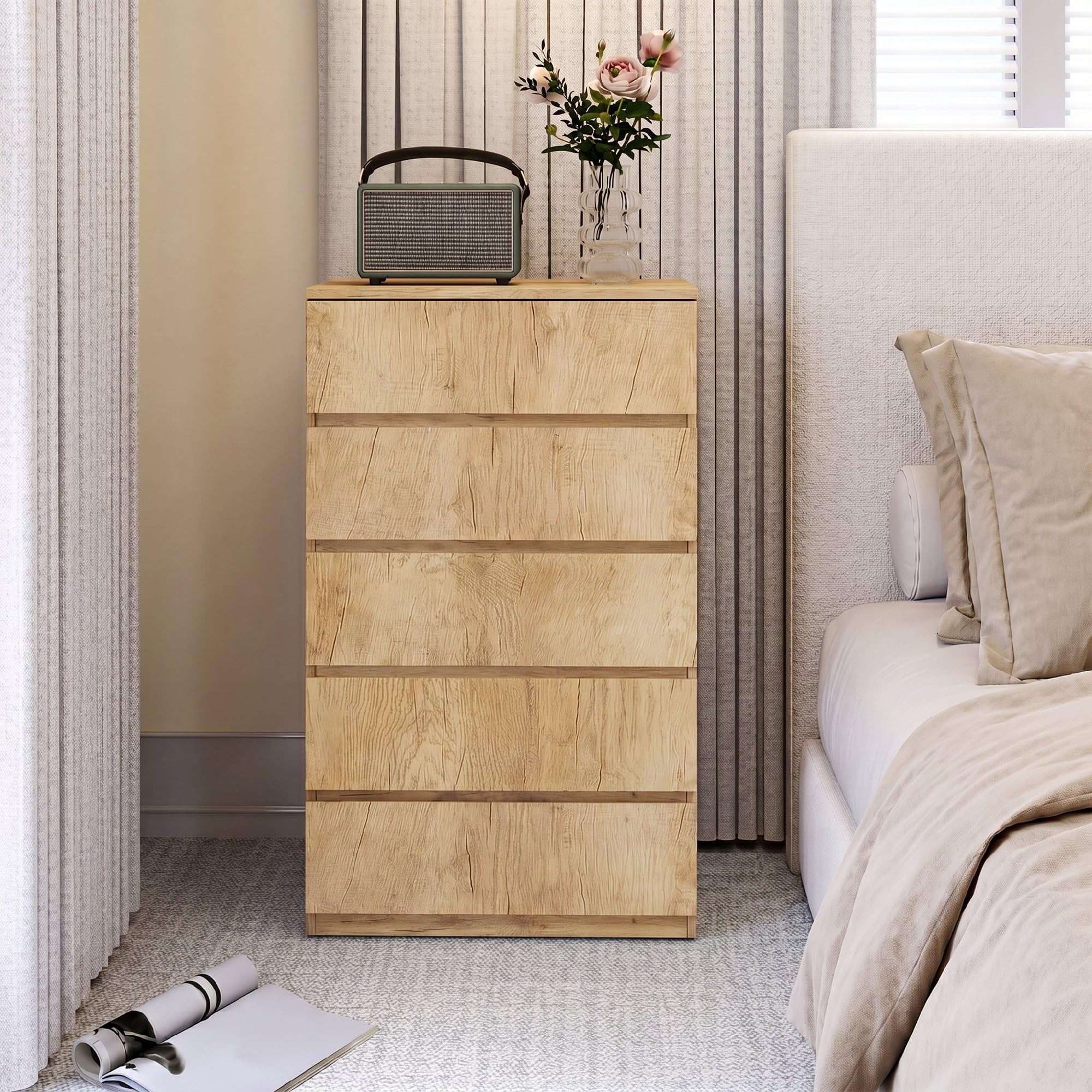 HOMCOM Cómoda 5 Cajones Diseño sin Tiradores 60x39x100 cm Madera Natural | Cómoda Dormitorio Moderna, Sinfonier, Cajonera para Sala de Estar, Comedor, Entrada