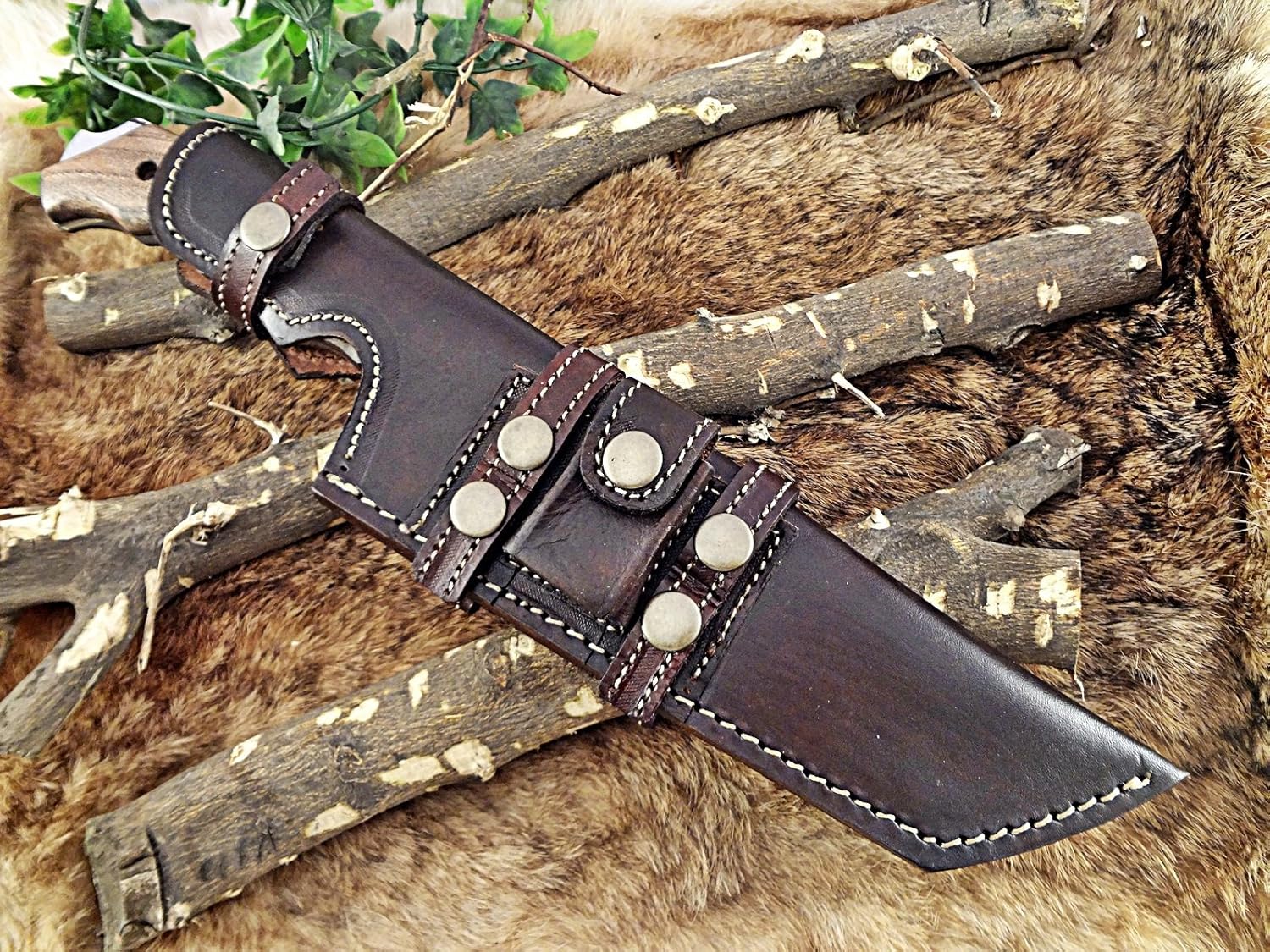 14" Long hand forged Damascus steel tracker knife full tang Tanto blade, Natural rose wood scale with hole, cow hide leather sheath