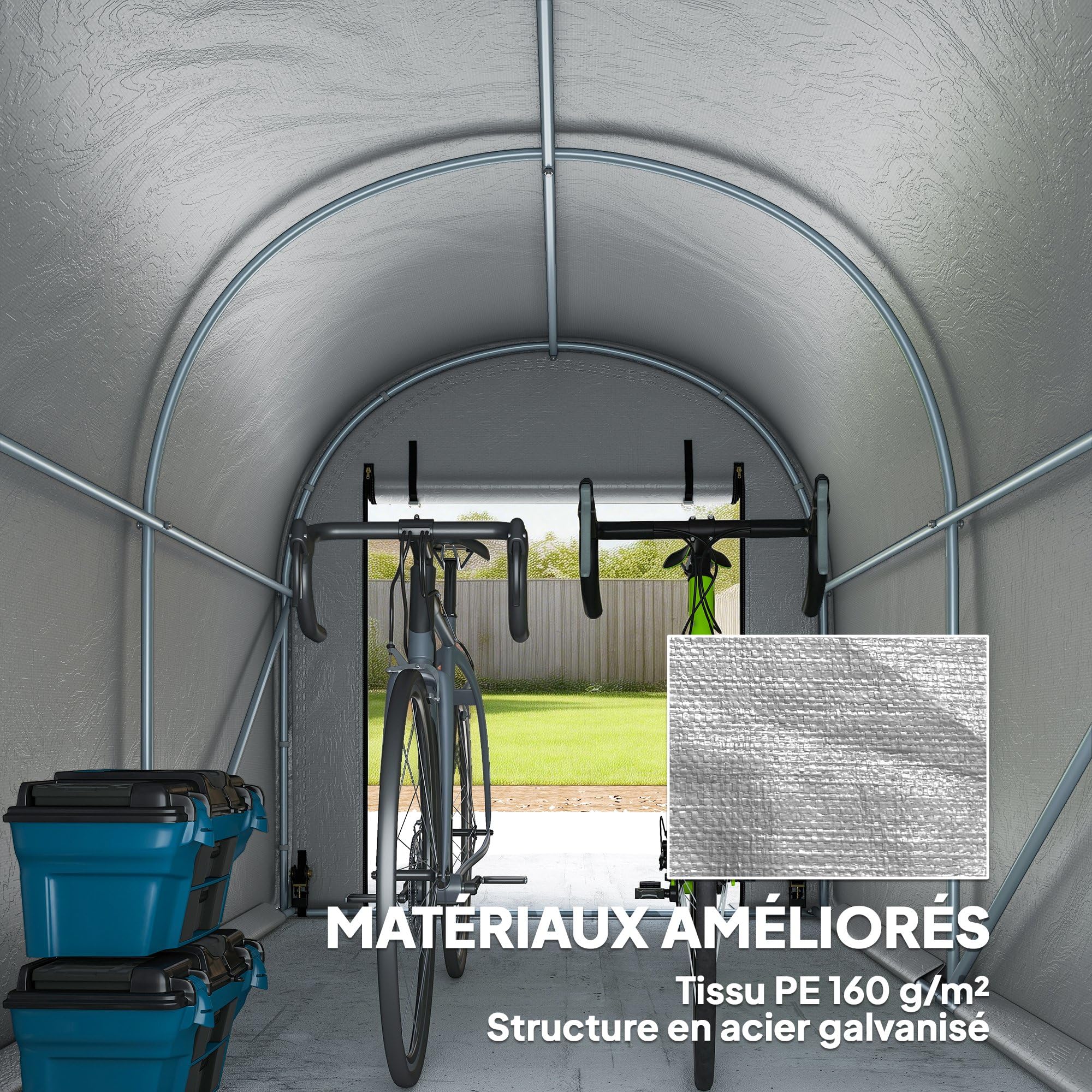 Outsunny Abri de Jardin Tente de Stockage Garage à Vélos - Acier Galvanisé & 160g/m² PE Anti-UV pour Moto et Tondeuse - Dôme Anti-Pluie Multi-Usage avec Ancrage 159x240x185cm, Gris Clair