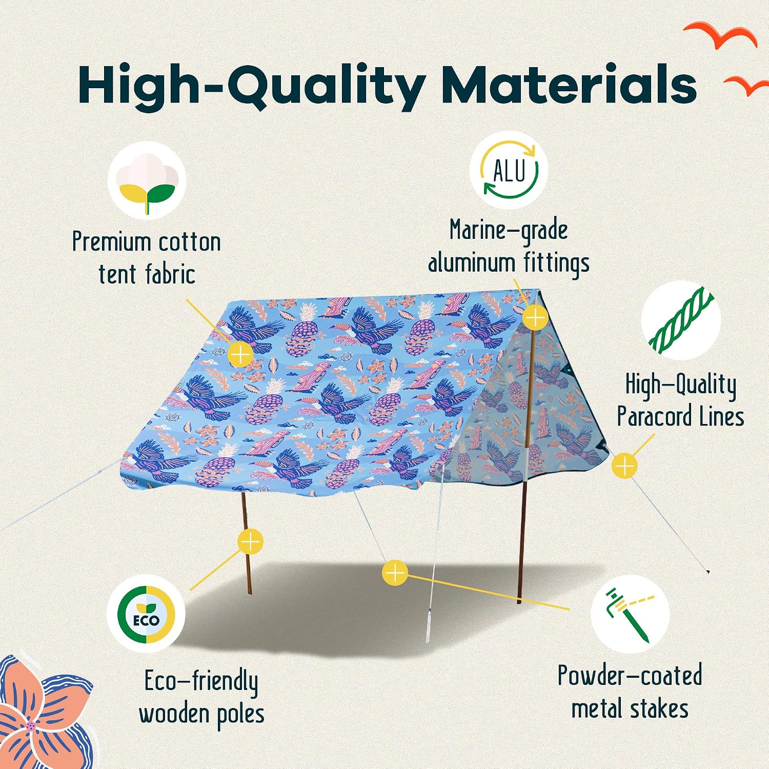 UPF 50+ Portable Beach Canopy Tent Set - 3-Step Assembly, Tiki Pop Print - Includes Bag, Poles, Stakes & Hammer - Ideal Sun Shade for Beach, Easy and Convenient