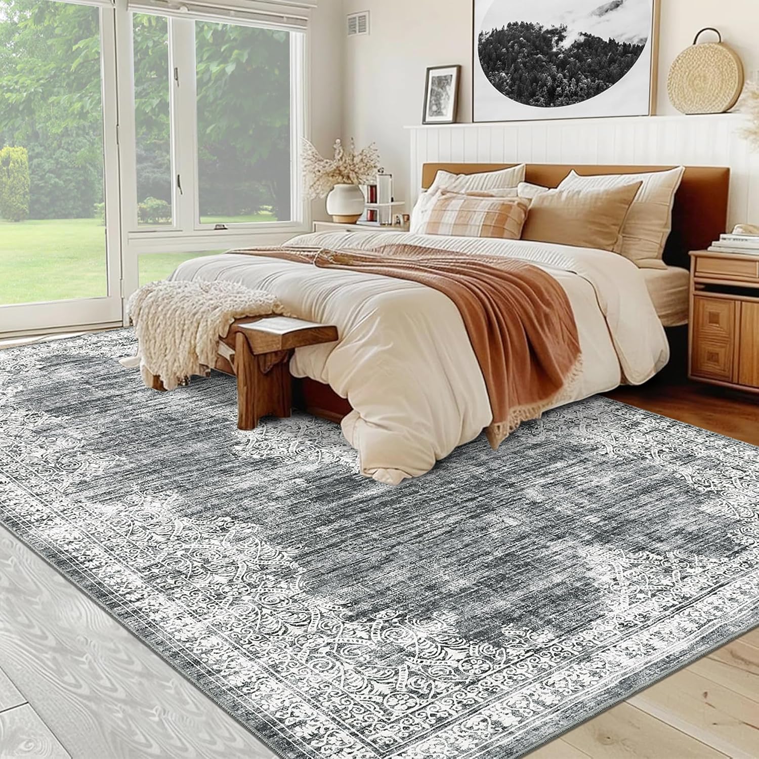 Garvee Large Rugs for Living Room 8x10 Washable Rug Vintage Bordered Accent Rug with Non Slip Backing Low Pile Non Shedding Distressed Farmhouse Floor Covering for Dining Room Nursery, Grey