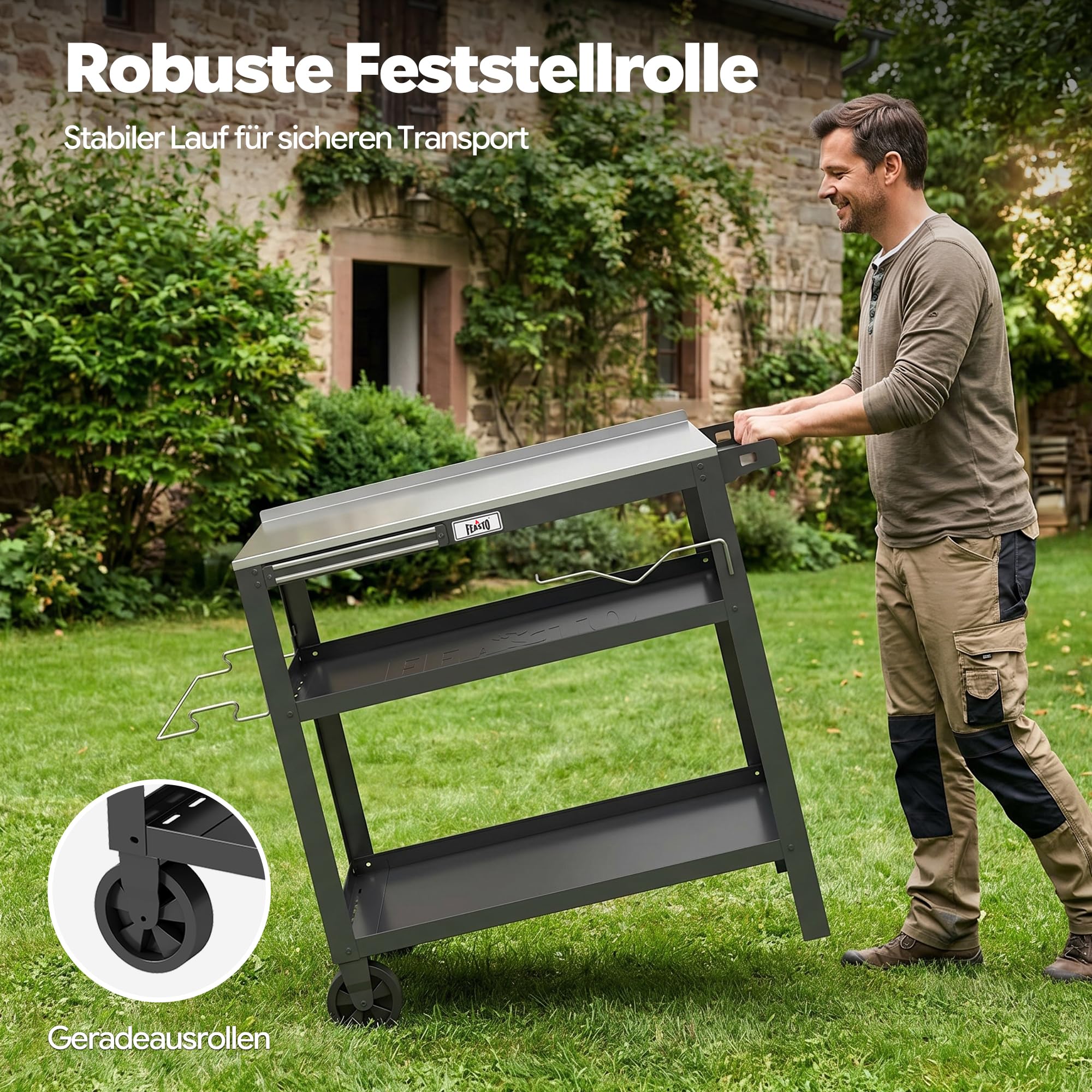 Feasto Grillwagen Outdoor Grilltisch Outdoor Servierwagen Pizzatisch | 90x46x82,5 cm Outdoor Grill Trolley mit Edelstahlplatte, Gewürzregal, Magnetleiste, für Hinterhof, Garten, Terrasse