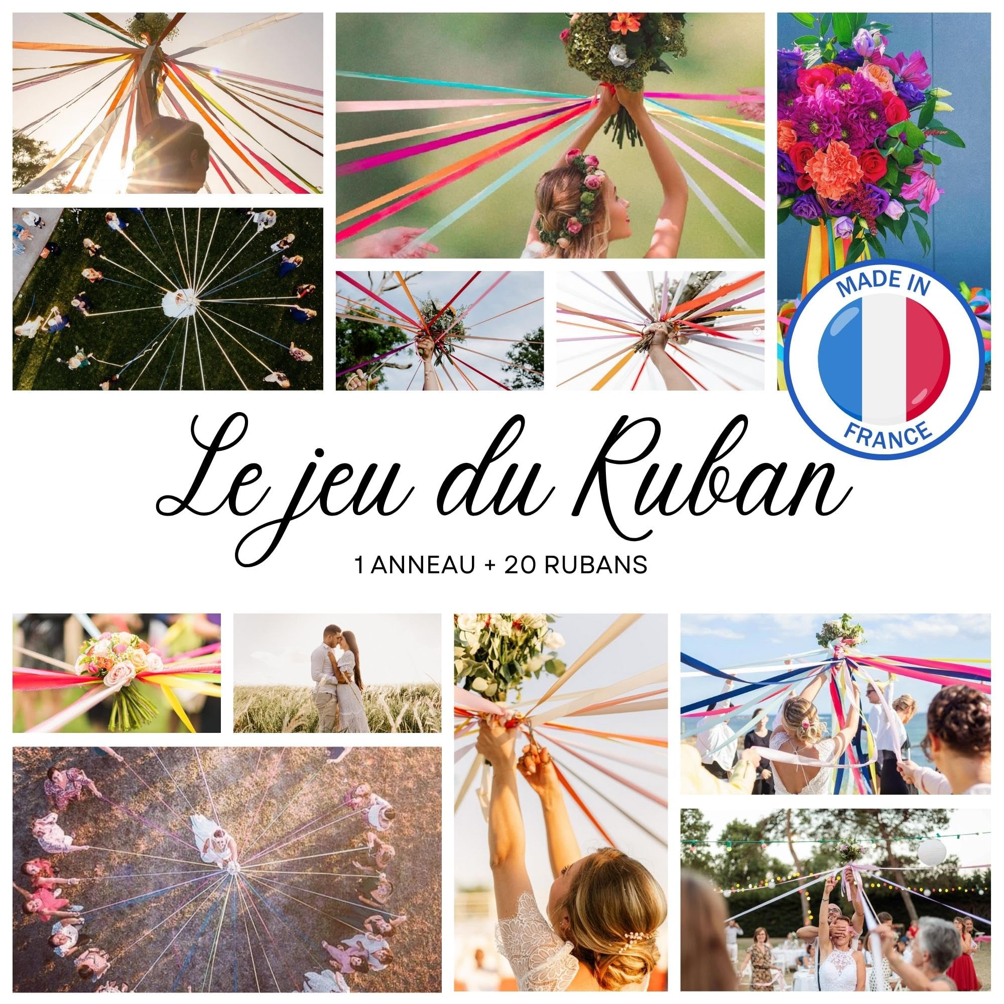 Ronde des rubans-Jeu du ruban mariage- A MONTER-Ruban satin-Cadeau mariée-Décoration fête-Bouquet de la mariée- 20 ruban-10 couleurs-Anneau Bois inclus-Idée cadeau EVJF
