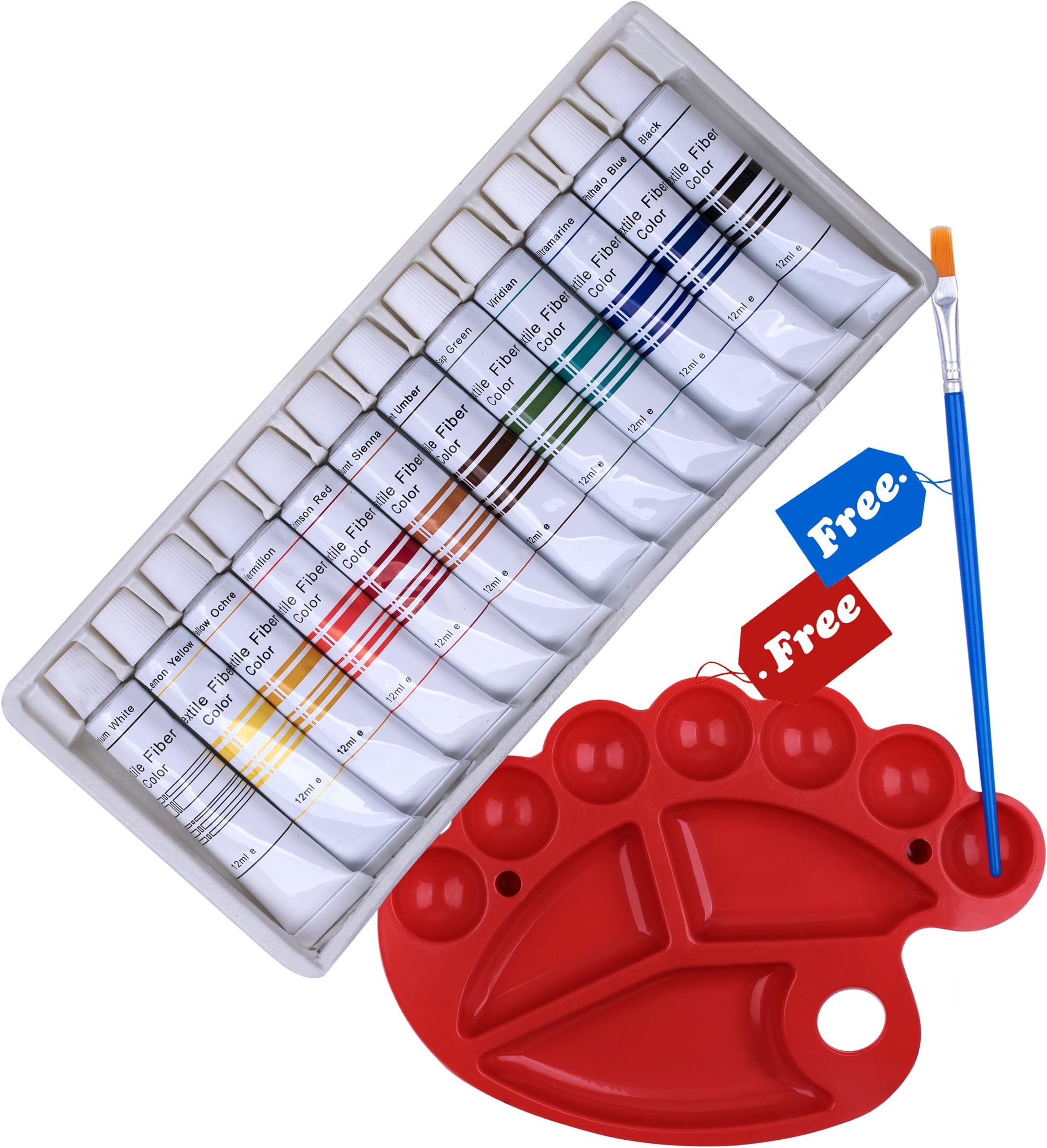 Texile Fabric Paint Set of 12 Vivid Colors, Non-Toxic Rich Pigments Artist Paint Set with Paint Brush & Pallet for Canvas, Fabrics, Wood and More (12 x 12ml)