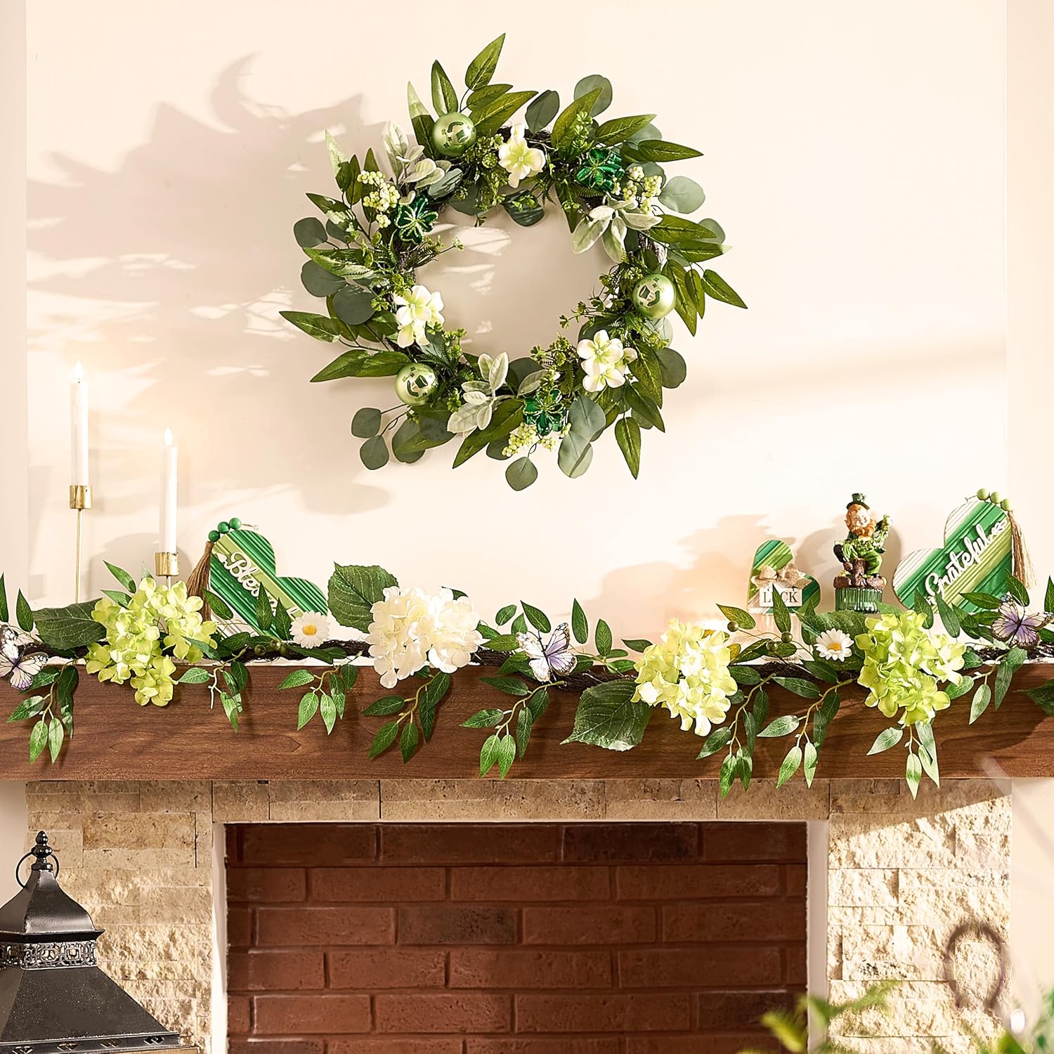 Valery Madelyn Collapsible St. Patrick's Day Door Wreath with Light, Spring Wreath with Shamrock Clover Ornaments for Table Centerpiece, Prefect Gift and Decoration for Irish Festival Party-24''