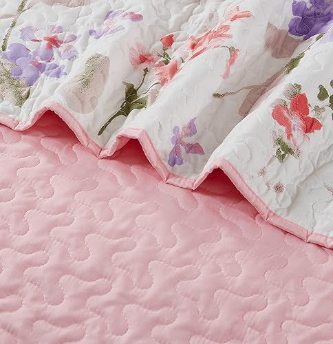 Miniatura 3 de All American Collection Juego de colcha reversible de 2 piezas con estampado floral coral y beige, juego de colcha y fundas de almohada, tamaño