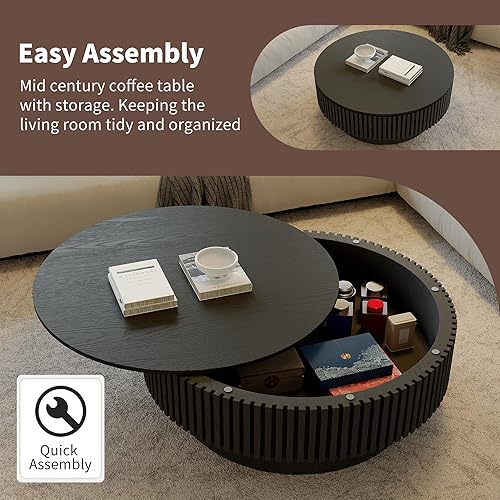Miniatura 9 de Mesa de centro redonda con almacenamiento, modernas mesas de centro de madera estriada con base resistente, mesa de té central circular de tambor de
