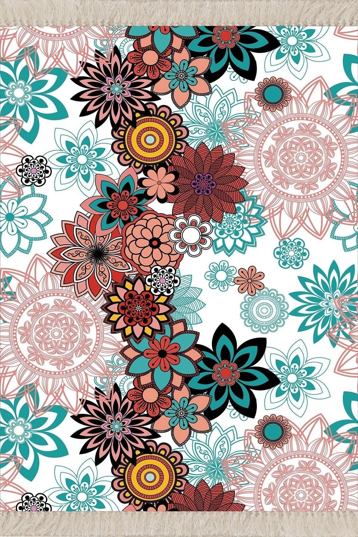 Pelangi Mandala Desenli Çiçekli Dijital Baskı Yıkanabilir Kaymaz Taban Etnik Salon Halısı Ve Yolluk, Çok Renkli 160 x 300