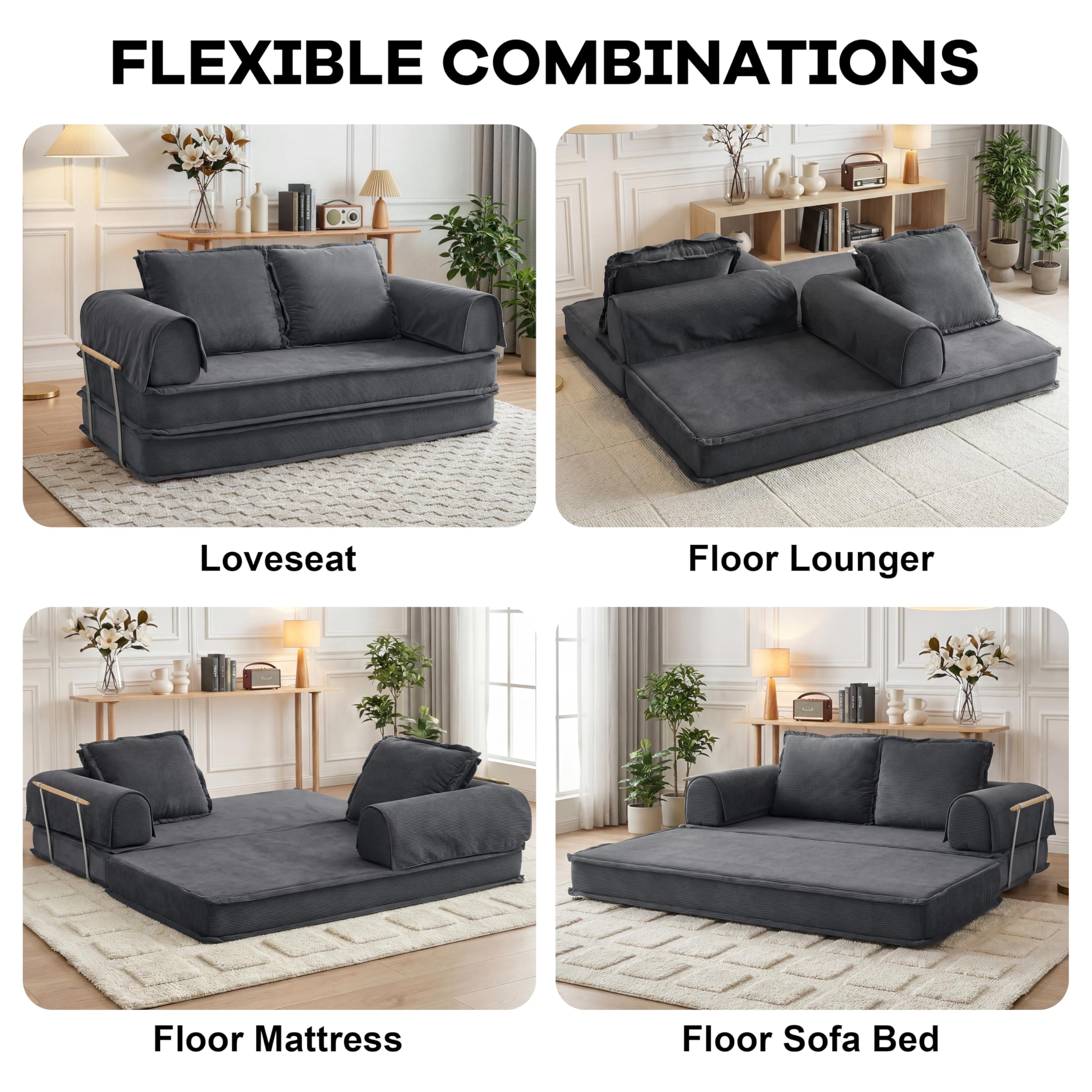 Bon Divano letto convertibile a 3 posti, divano futon in velluto a coste grigio chiaro, design modulare 5 in 1, base antiscivolo, lavabile, perfetto per soggiorno e comfort quotidiano