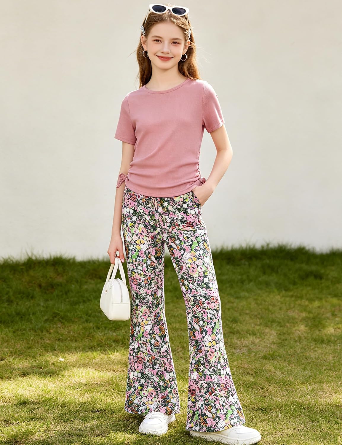 GEMLON Girls Clothes Solid Ruched Short Sleeve Crew Rib Top and Flowy Print Wide Leg Pants 2 Piece Girls Outfits 5-14 Years