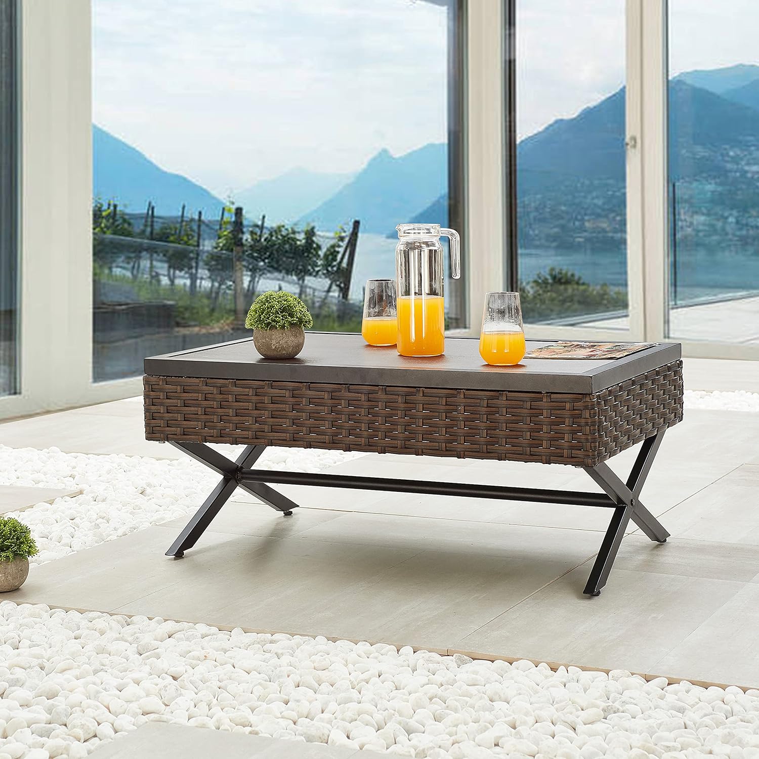 LOKATSE HOME Outdoor Side Wicker Patio Rattan Bistro Furniture Metal Frame End Coffee Tables with X Shaped Steel Legs & Wood Grain Desktop, Brown : Patio, Lawn & Garden