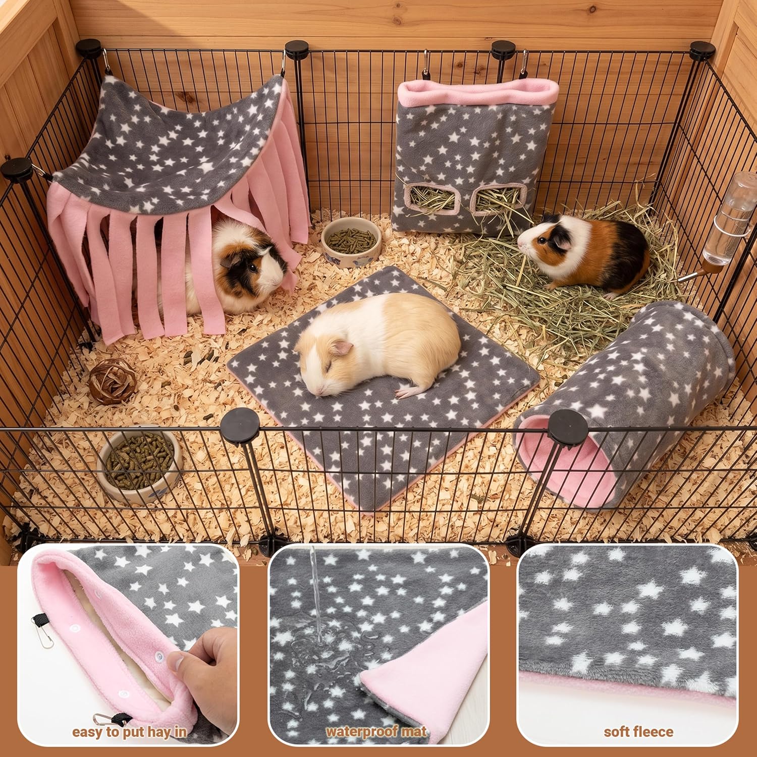 Guinea Pig Hideout, 4 Pack Tunnel & Mat & Corner Hide & Hay Bag | Soft Fleece Small Animal Hideaway Set Cage Accessories for Guinea Pig, Rabbit, Ferret, Chinchilla, Hedgehog