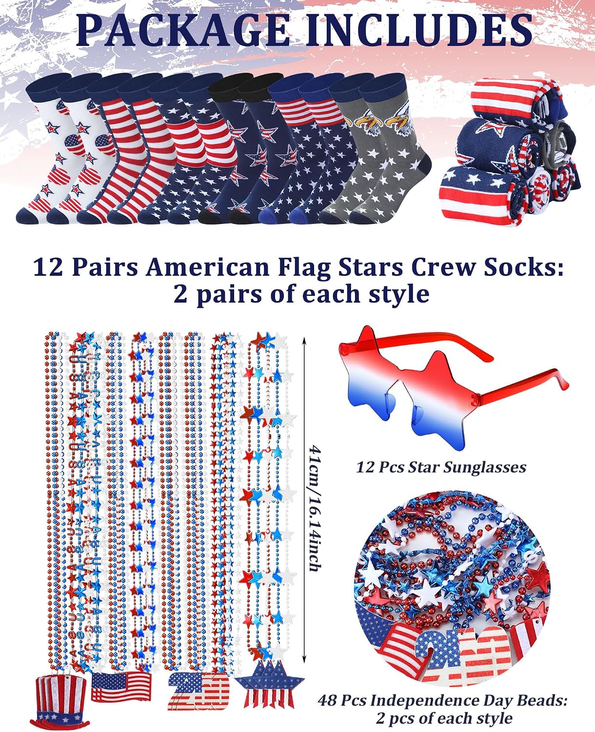 Ecation 72 Pcs Patriotic Party Accessories Bulk 12 American Flag Socks 48 USA Red White Blue Bead Necklaces 12 Star Glasses 250th Anniversary Party Favors Supplies Patriotic Souvenir Gifts image 3