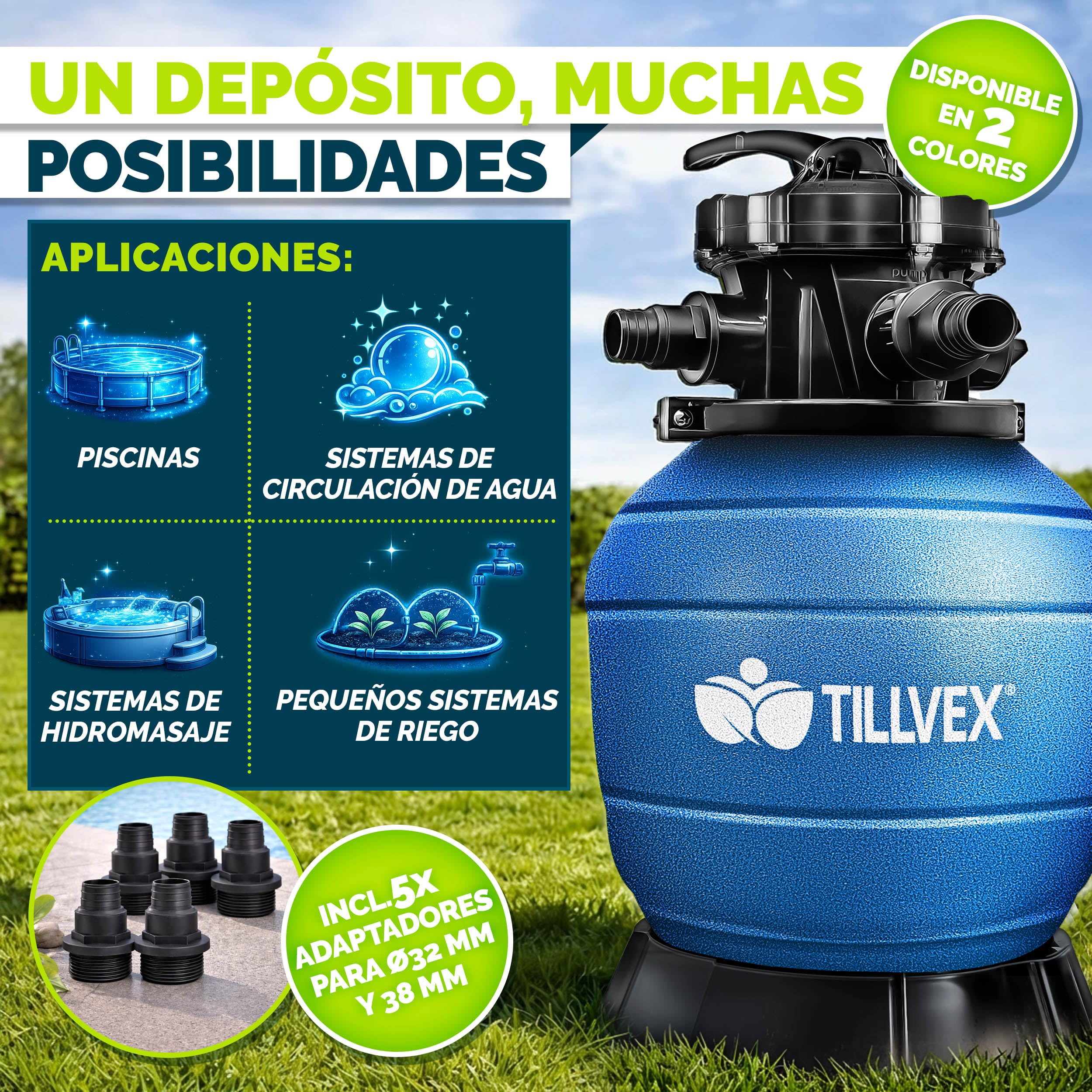 tillvex® Filtro de Arena para Piscina SIN Bomba + Bolas filtrantes hasta 50 m³ (50.000 litros) | Depósito Filtro Piscina Incl. Adaptador Ø32-38mm | Válvula 7 vías, manómetro & Tubo de aspiración