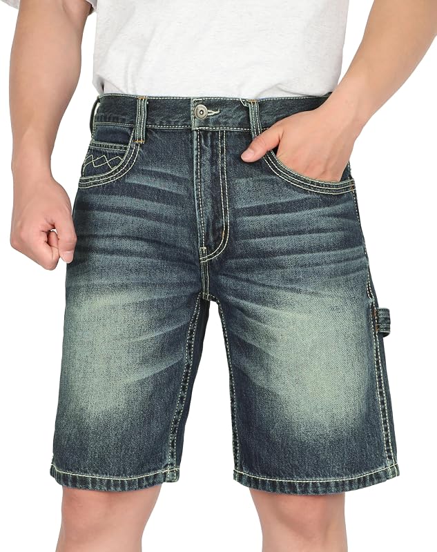 BOCOMAL Non FR - Men's Denim Shorts Carpenter Jeans EX-Soft Relaxed Fit | 100% Cotton, Retro Washed, Durable, Divided Cargo Pocket, Hammer Loop, for Worksite, Outdoor & Casual Wear