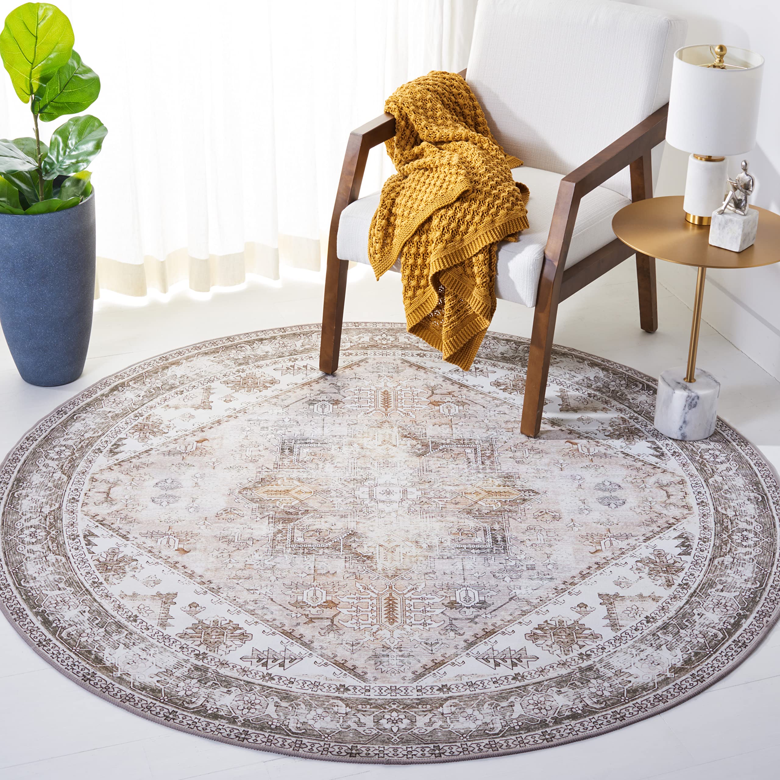 SAFAVIEH Washable Rug Tucson Collection - 10' Round, Beige & Grey, Slip Resistant & Easy to Clean, Ideal for Living Room, Bedroom, Dining Space (