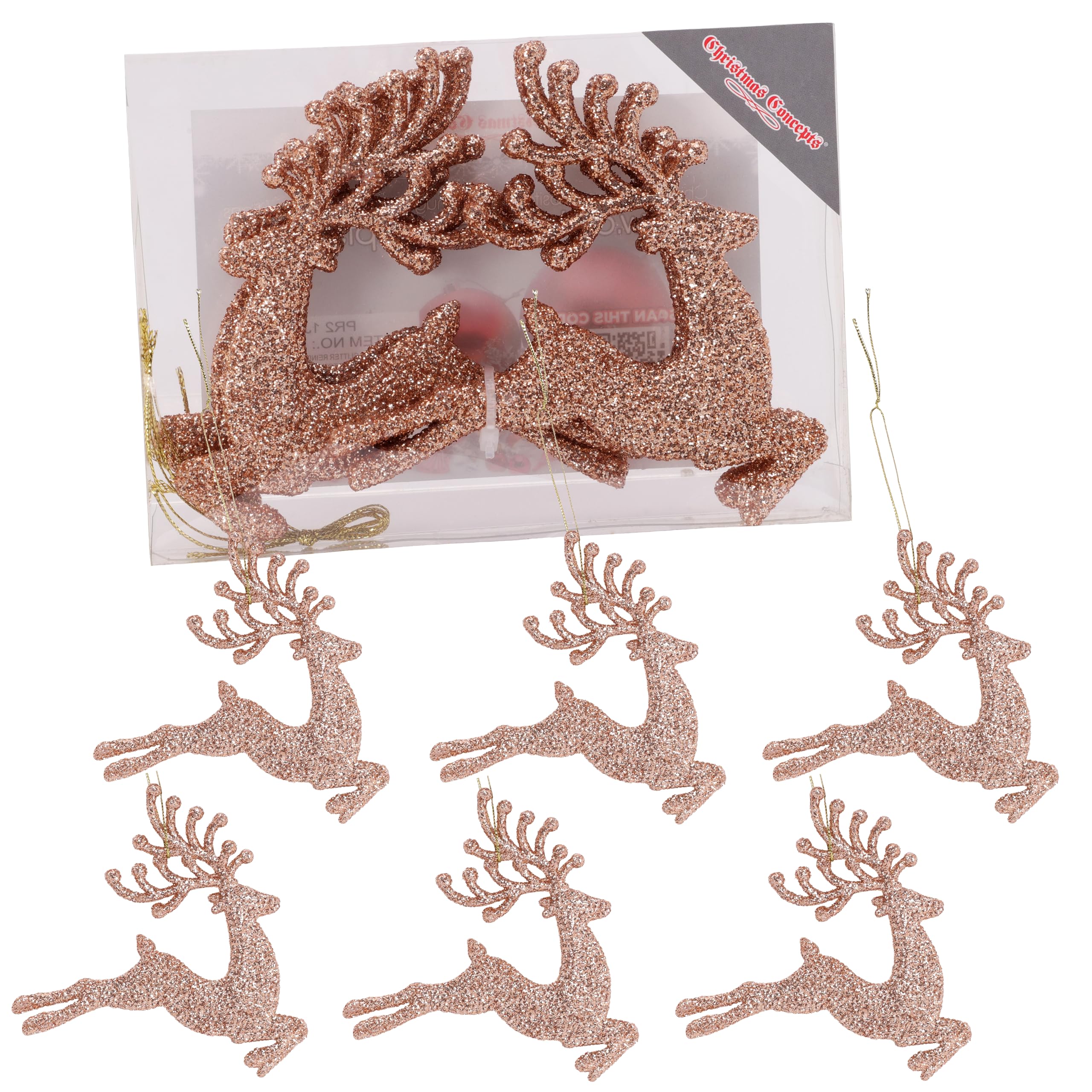 Christmas Concepts Champagne Christmas Concepts®- 100Mm (4") Pack Of 6 Glittery Reindeer Baubles - Christmas Tree Decorations (Champagne)