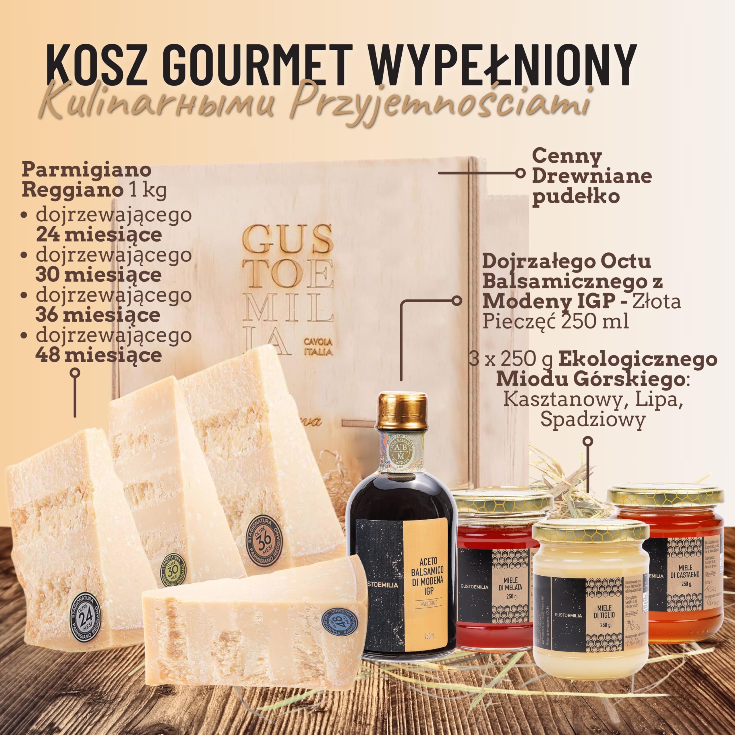 GUSTOEMILIA Kosz Upominkowy Gourmet: Ser Parmigiano Reggiano dojrzewający, Miód (3 x 250 g) oraz Dojrzały Ocet Balsamiczny - Włoski Kosz Prezentowy na Wszystkie Okazje