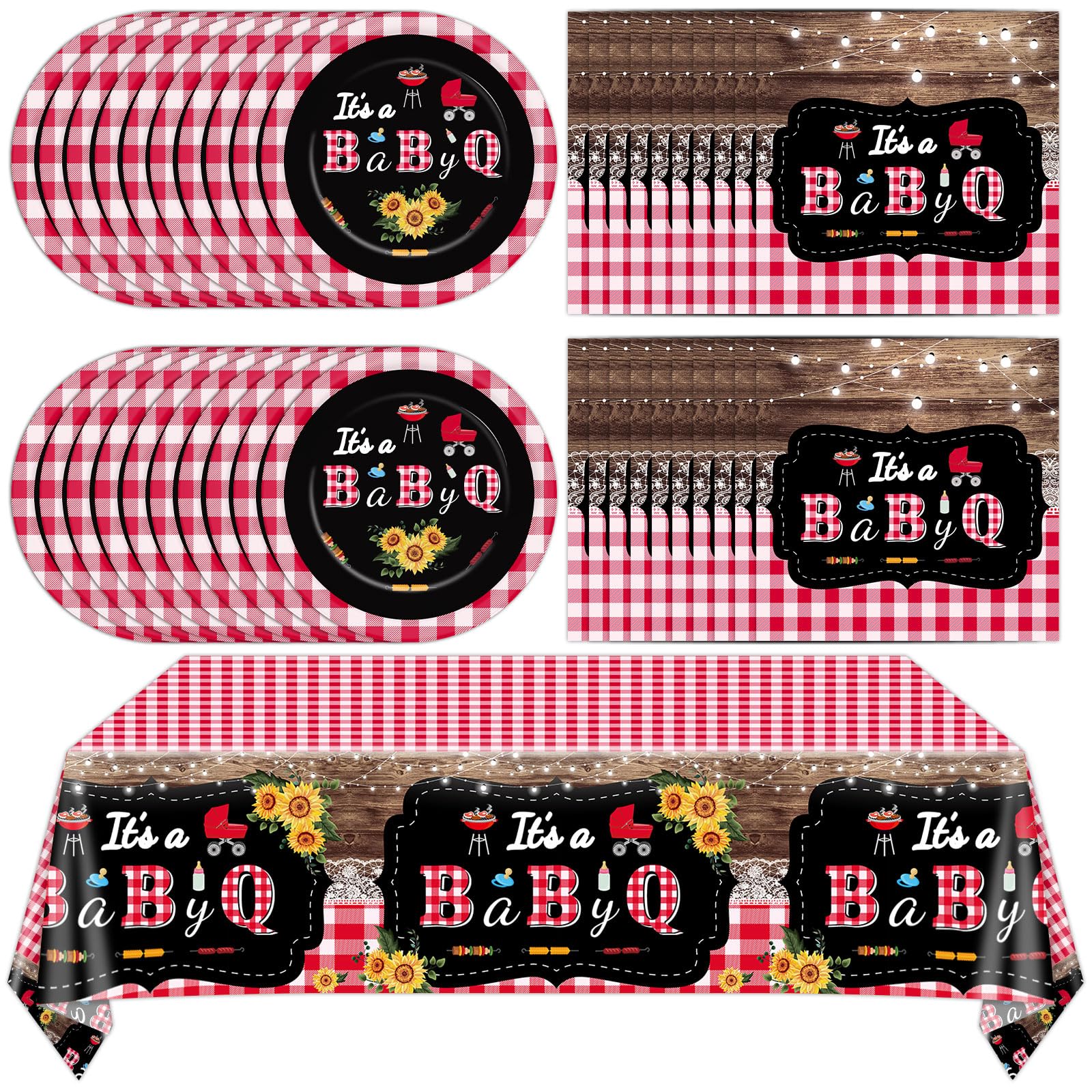 BBQ Baby Shower Decorations Baby Q Tableware Set It’s A Baby Q Plates Napkins BBQ Baby Shower Table Cover Sunflower Rustic Barbecue Dinnerware for Baby Shower Gender Reveal Picnic Party Supplies