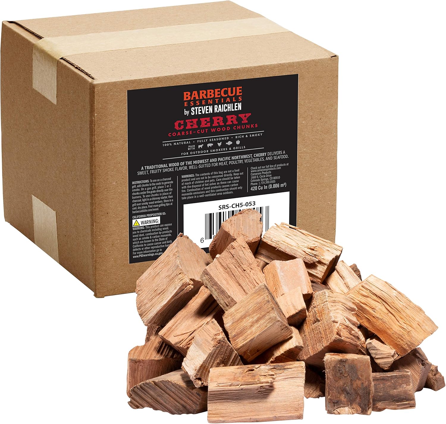 Steven Raichlen All Natural Cherry Wood Chunks for Smoking -420 Cu in Box or Bag, Approx 5 Lbs- Kiln Dried Large Cut BBQ Wood Chips for Smoked Meat- Gift for Grilling - Summer Cookout Essential