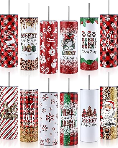 Layhit Juego de 12 vasos de Navidad de 20 onzas, tazas de acero inoxidable a granel con tapa y pajita, vasos delgados aislados para vacaciones,