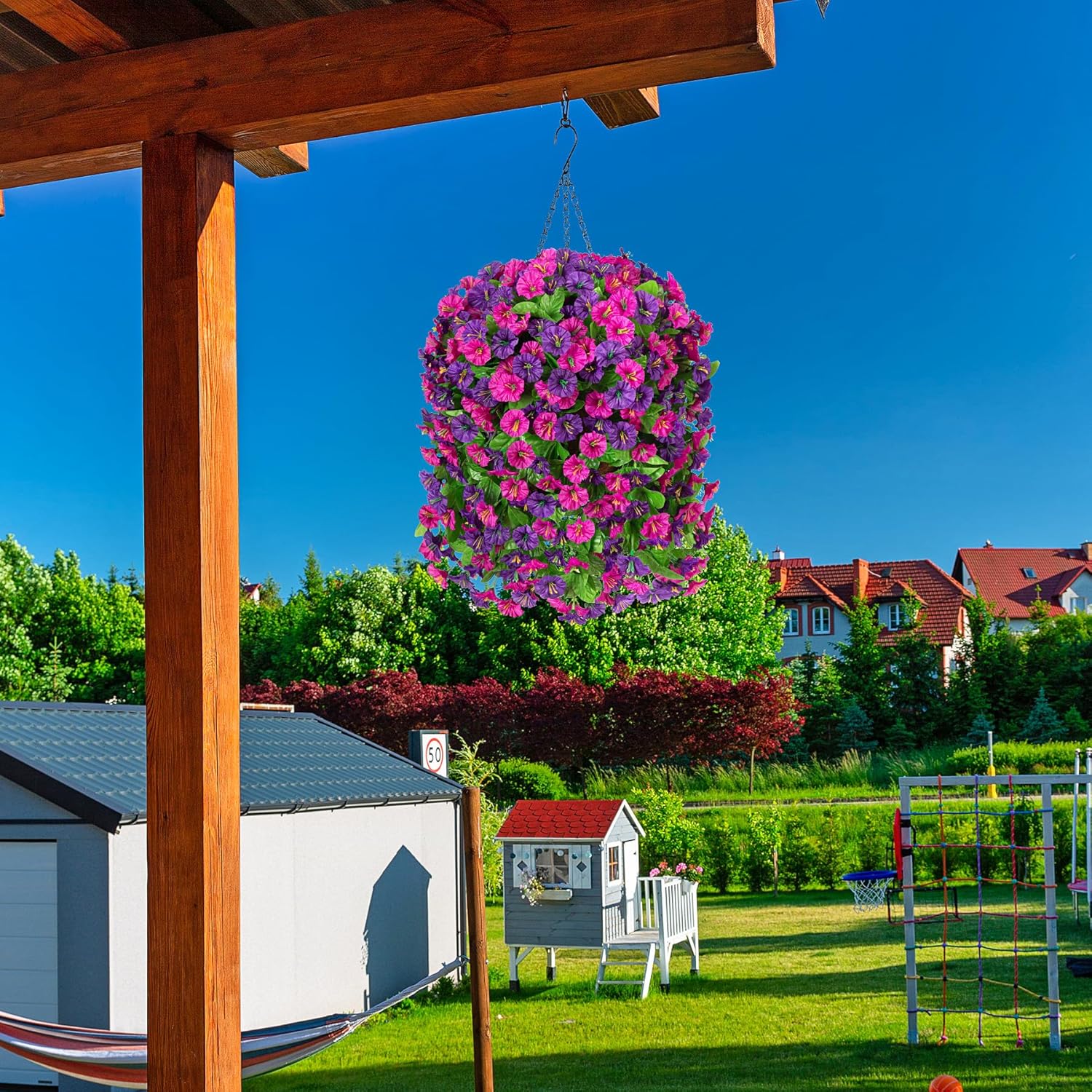 Artificial Flowers with Hanging Basket, Outdoor Faux Plants Silk Morning Glory Vines, Fake Green Arrangement for Garden Patio Spring Summer Decor(Purple Red Violet) - Image 6