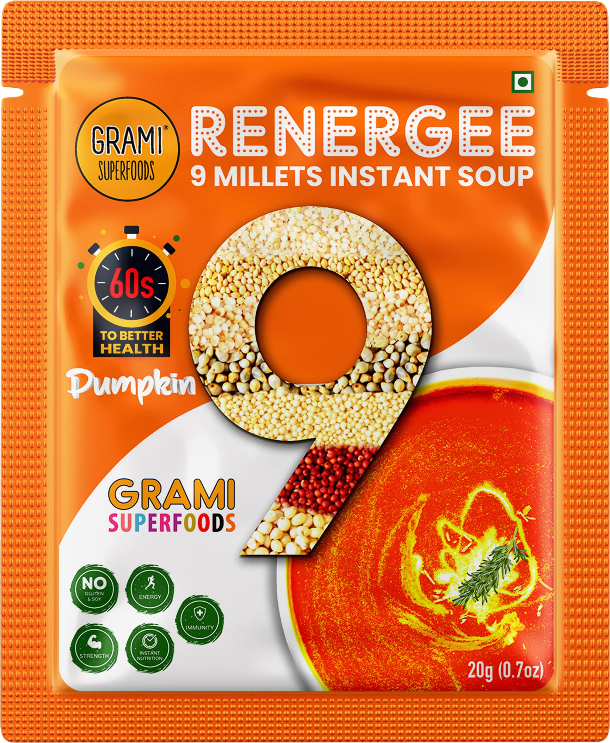 Grami Superfoods Renergee 9 Millets Instant Assorted Soup β Each Pack Contains Hot & Sour, Tomato, Lemon, Spinach, Beetroot, and Pumpkin | Gluten-Free | Healthy Instant Millet Soup Powder | Perfect for Kids and Adults | No Corn Starch | No Preservative | No MSG | Low GI | Nutrient-Rich | High Fiber | Instant Energy Booster | Weight Loss Management | Diabetic Friendly | Vegetable Soup - Pack of 12( 240g ) 4