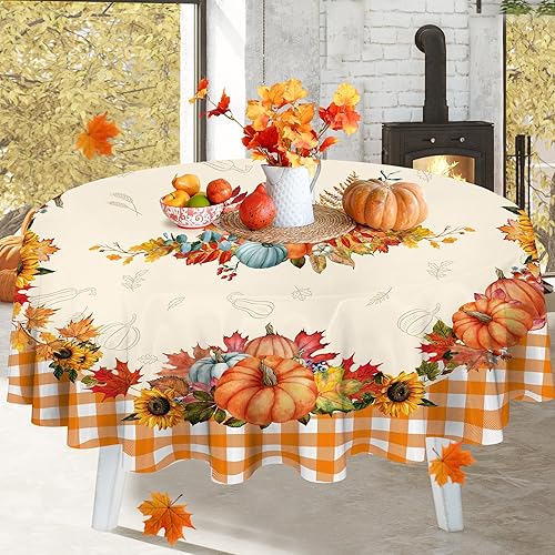 Miniatura 5 de Hexagram Mantel redondo de otoño de 60 pulgadas, mantel redondo de otoño a cuadros de calabaza para decoración del hogar, cocina, comedor