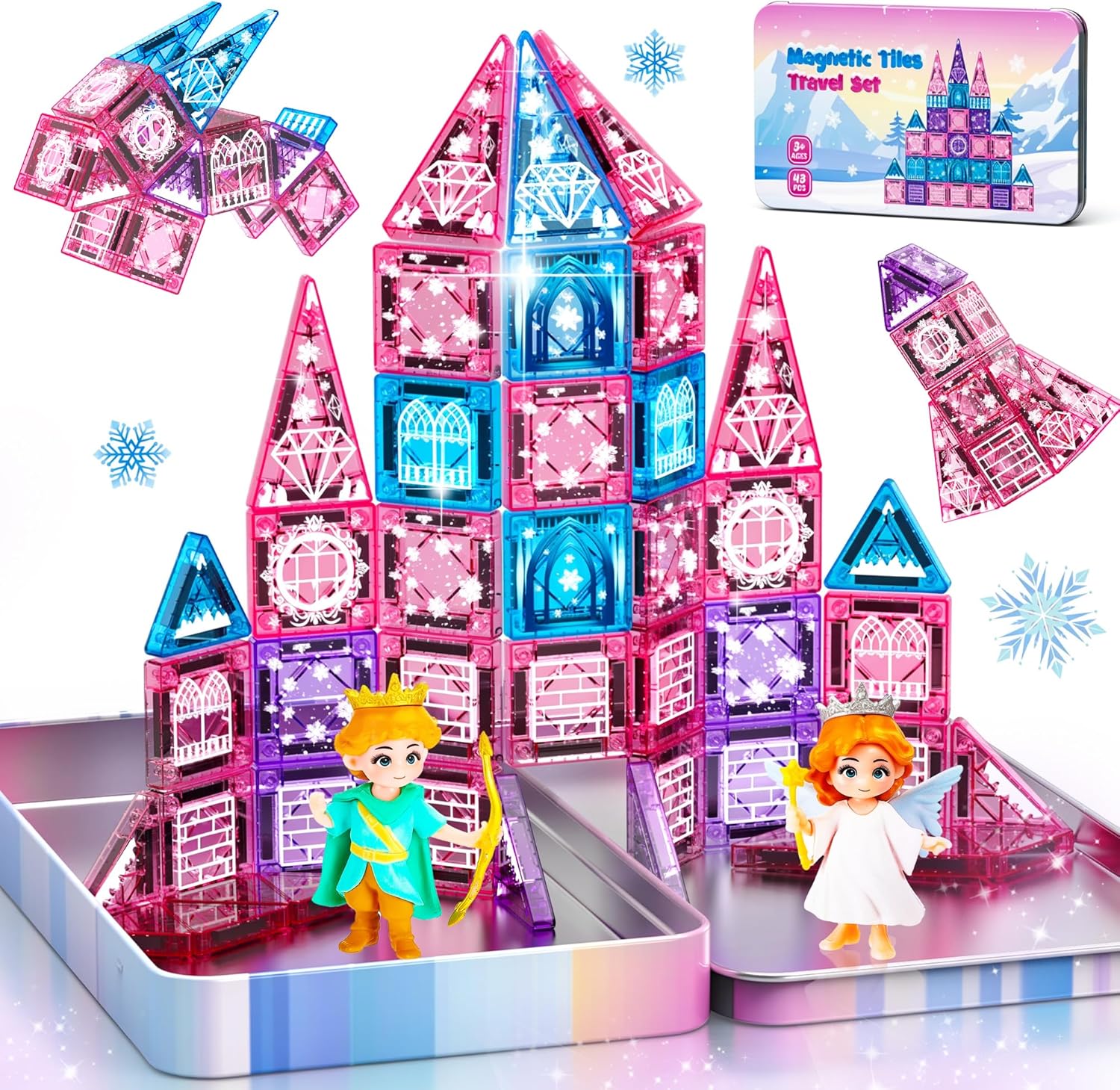 Magnetic Tiles Princess Toys, Princess Castle Travel Magnetic Blocks with Metal Box & 2 Dolls, Mini Magnet Tiles for Girls Pretend Play, Magnet STEM Sensory Gifts for Toddlers 3-5 4-8 8-12 Years Old