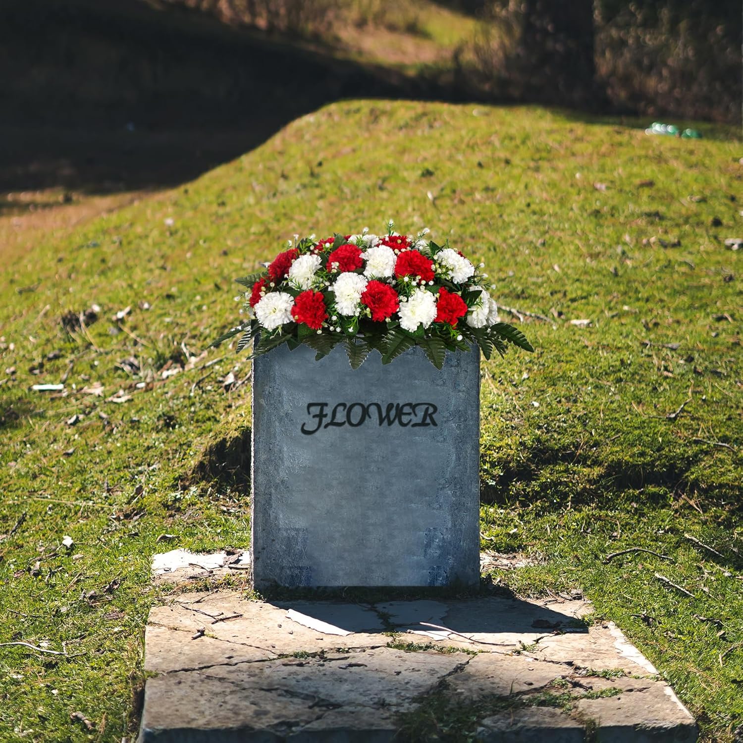 Artificial Cemetery Flowers Silk Flowers Saddle for Headstone Graves Memorial Day Tombstone Floral Christmas Fall and Winter Set Fixed Decor (Red White)