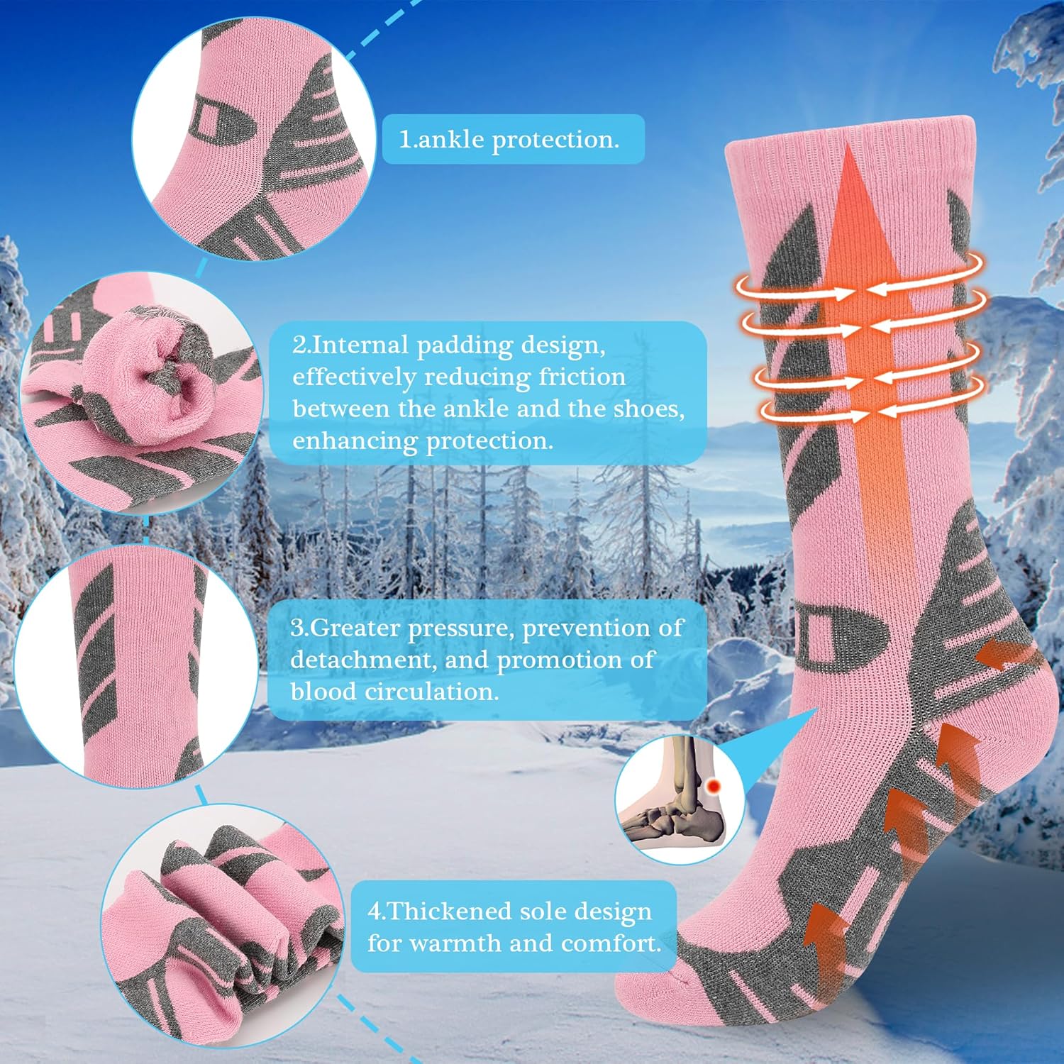 Warm Kids Ski Socks - 2 Pairs Merino Wool Skiing Socks, Winter Warm Snowboard Thermal Socks For Boys Girls Toddlers - Image 3