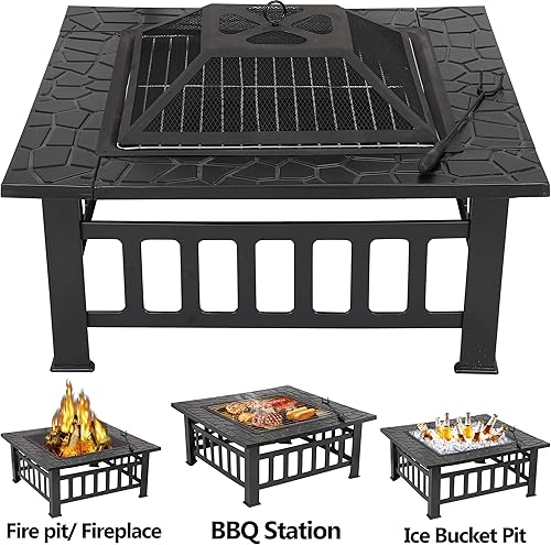 Miniatura 3 de Mesa multifuncional de 32 pulgadas, estufa cuadrada de metal para fogata para exteriores, patio, jardín, chimenea, para camping, barbacoa, hoguera y