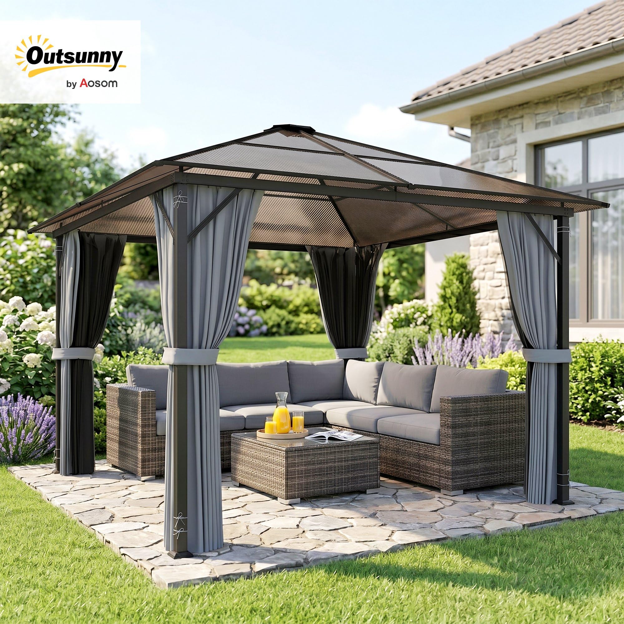 Outsunny Pavillon 3 x 3m Pavillon de Jardin Tente de réception avec Parties latérales PC Toit Alu Gris foncé