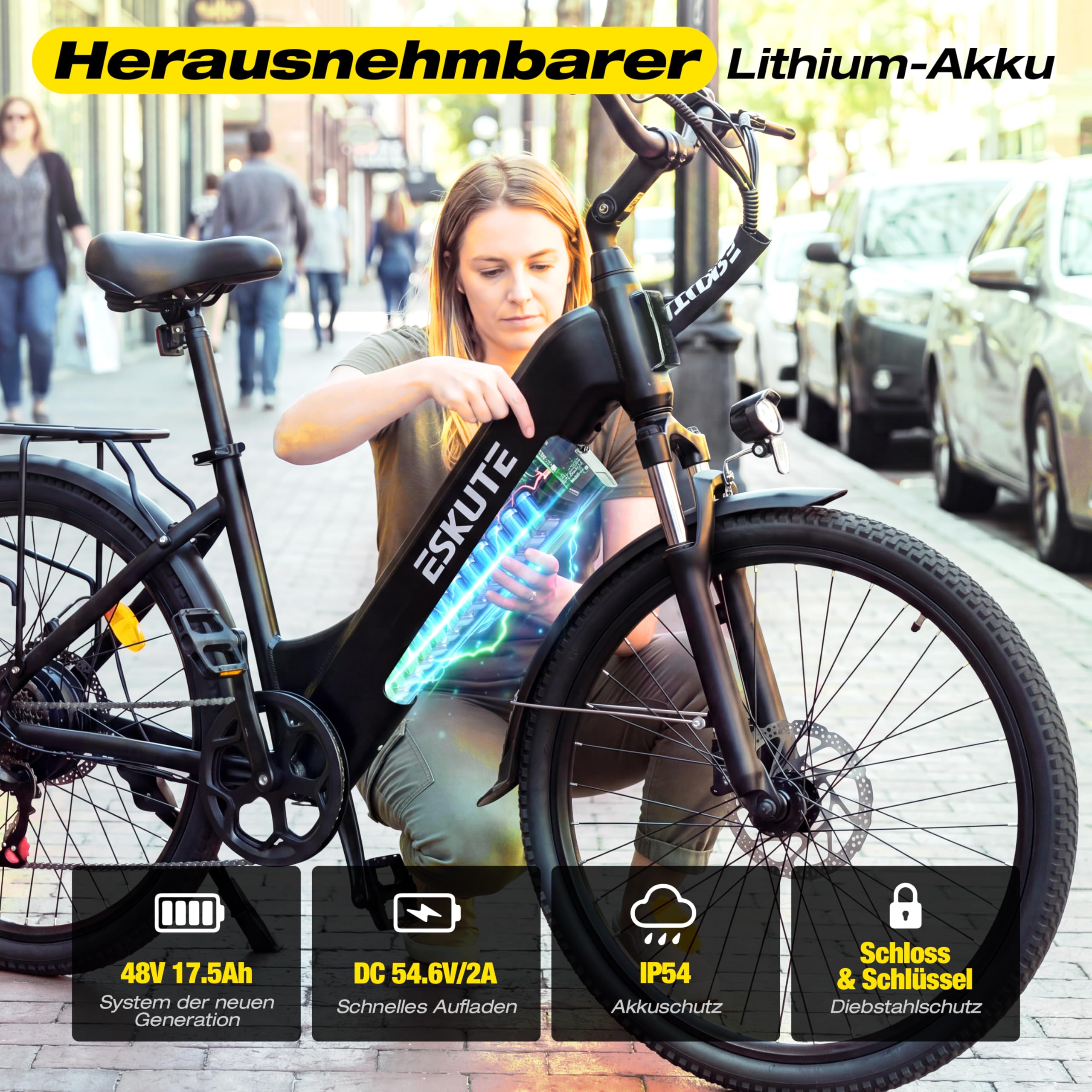 ESKUTE 26 Zoll E-Bike für Herren & Damen,C202 Elektrofahrrad mit 48V 17,5Ah Akku, 250W Motor, 7-Gang-Schaltung, LCD-Display, bis zu 110 km Reichweite, 25 km/h City Trekking E Bike für Erwachsene